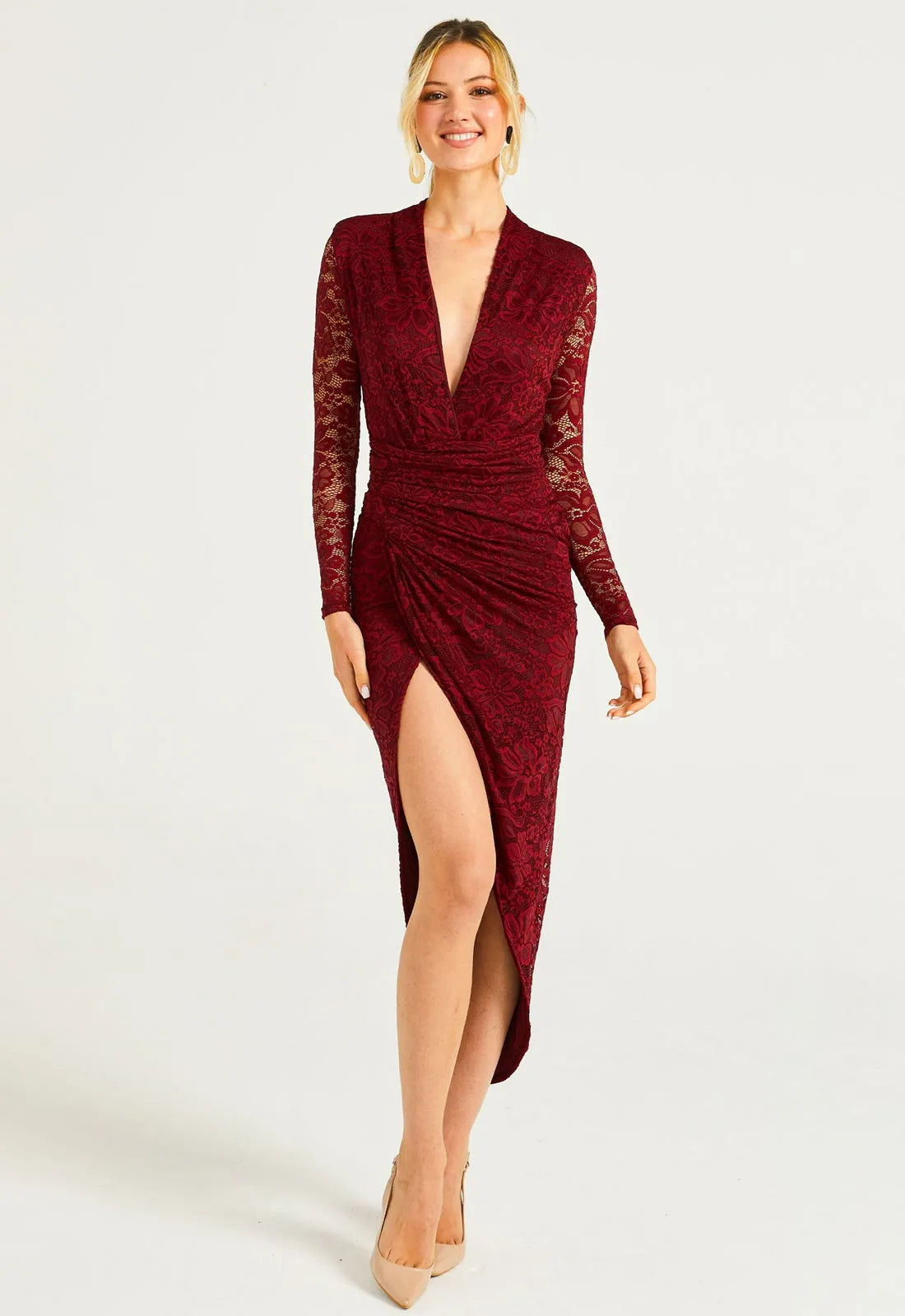Burgundy lace sleeve tie front cocktail dress