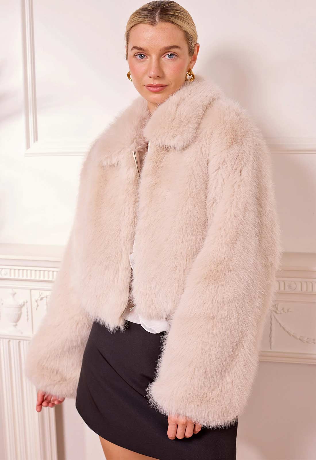 AngelEye Cream Short Faux Fur Coat with Zip