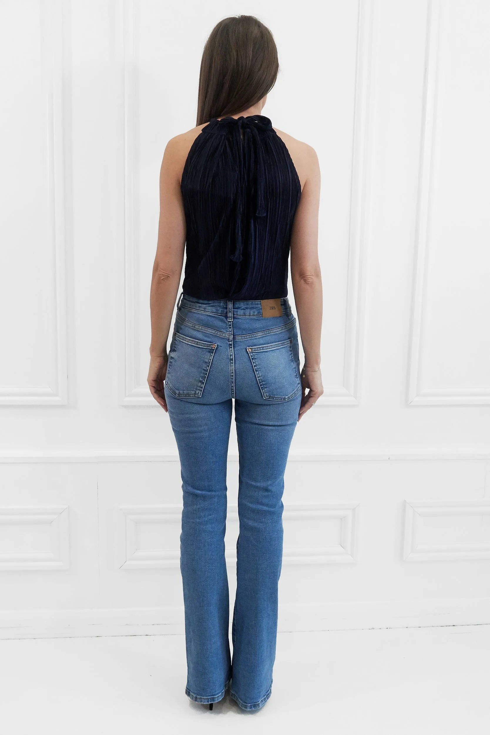 Honor Gold Millie Plisse Pleated Navy Halterneck Top