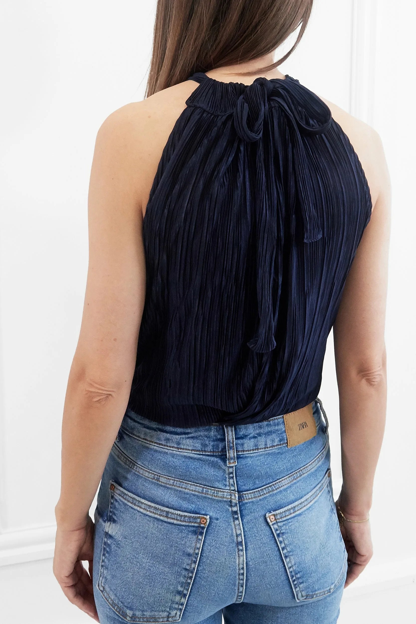 Honor Gold Millie Plisse Pleated Navy Halterneck Top