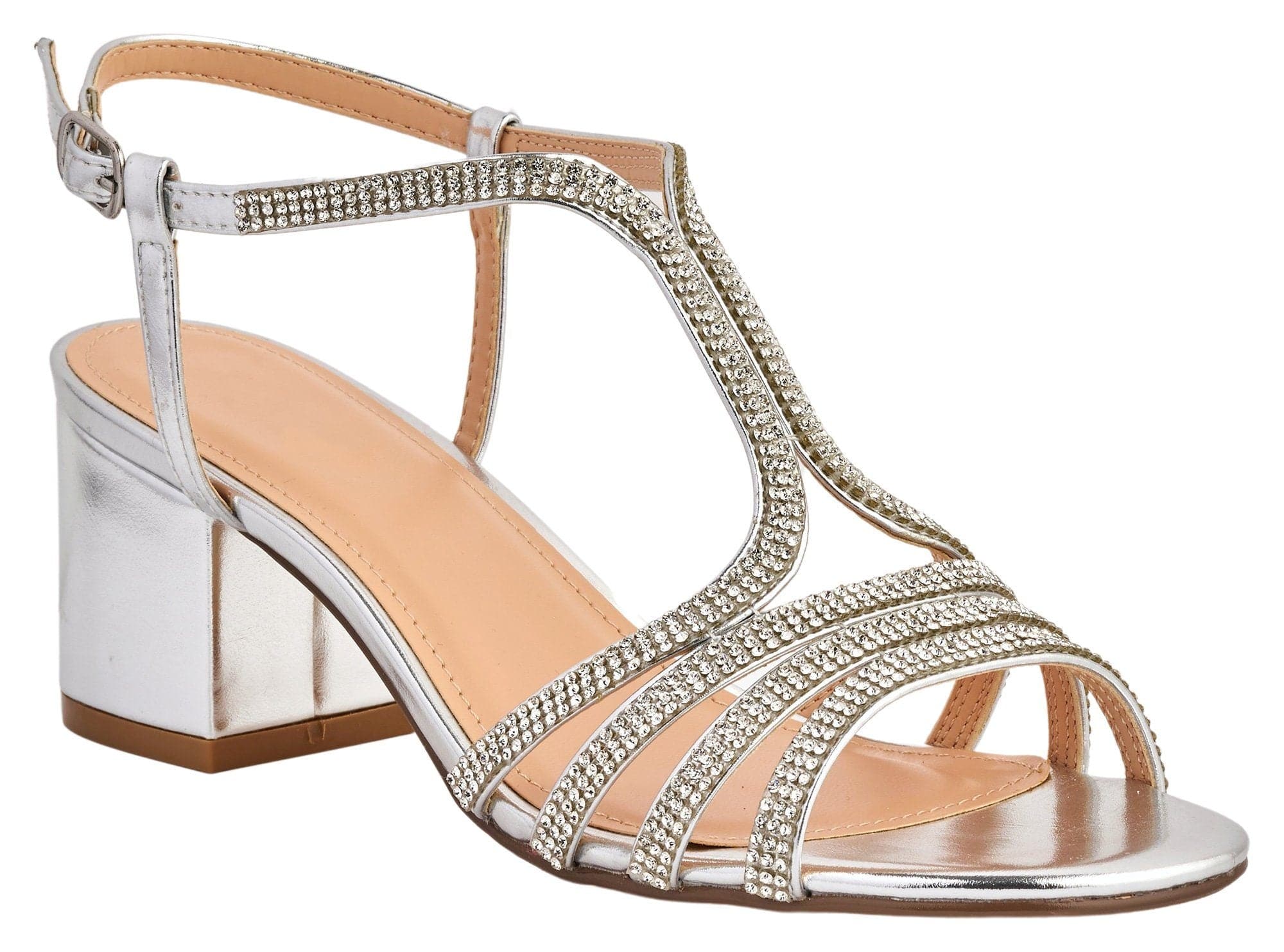 Miss Diva Amanda Silver 3 Diamante Strap T-bar Block Heel Sandal