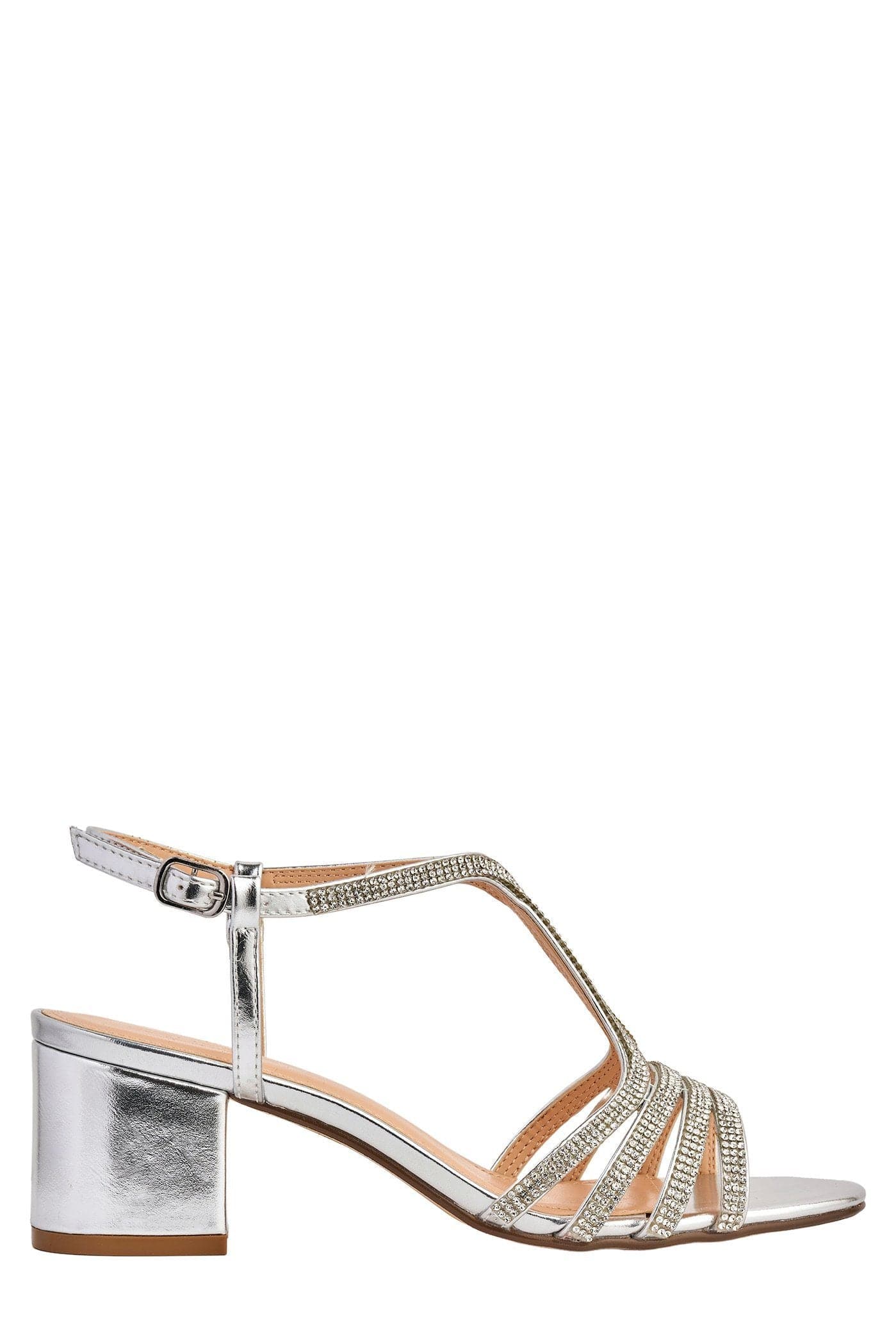 Miss Diva Amanda 3 Diamante Strap T-bar Block Heel Sandal in Silver