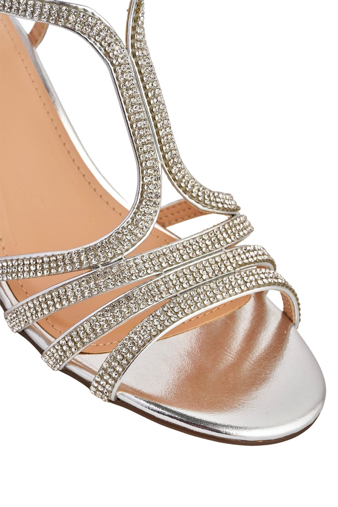 Miss Diva Amanda Silver 3 Diamante Strap T-bar Block Heel Sandal
