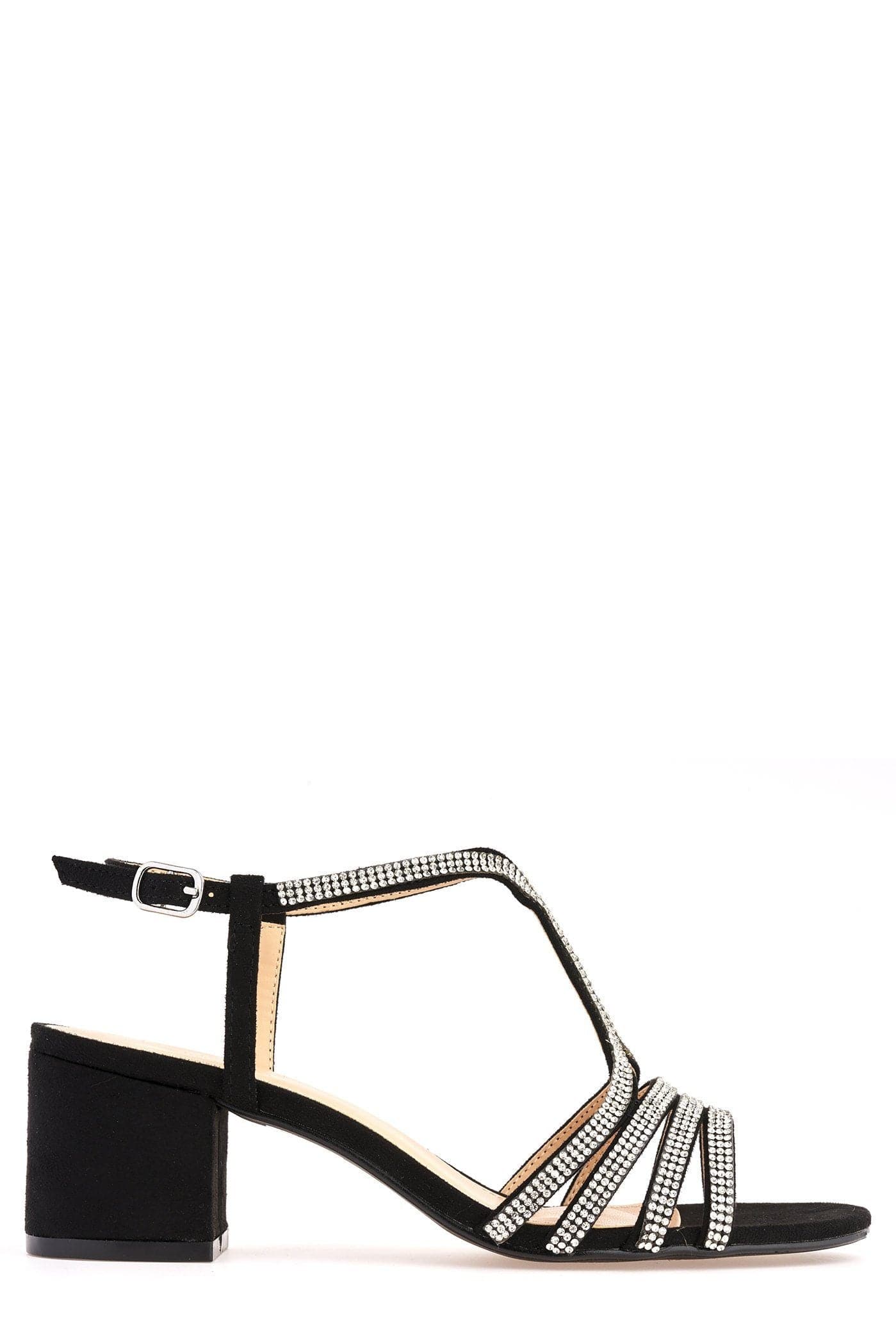 Miss Diva Amanda Black 3 Diamante Strap T-bar Block Heel Sandal