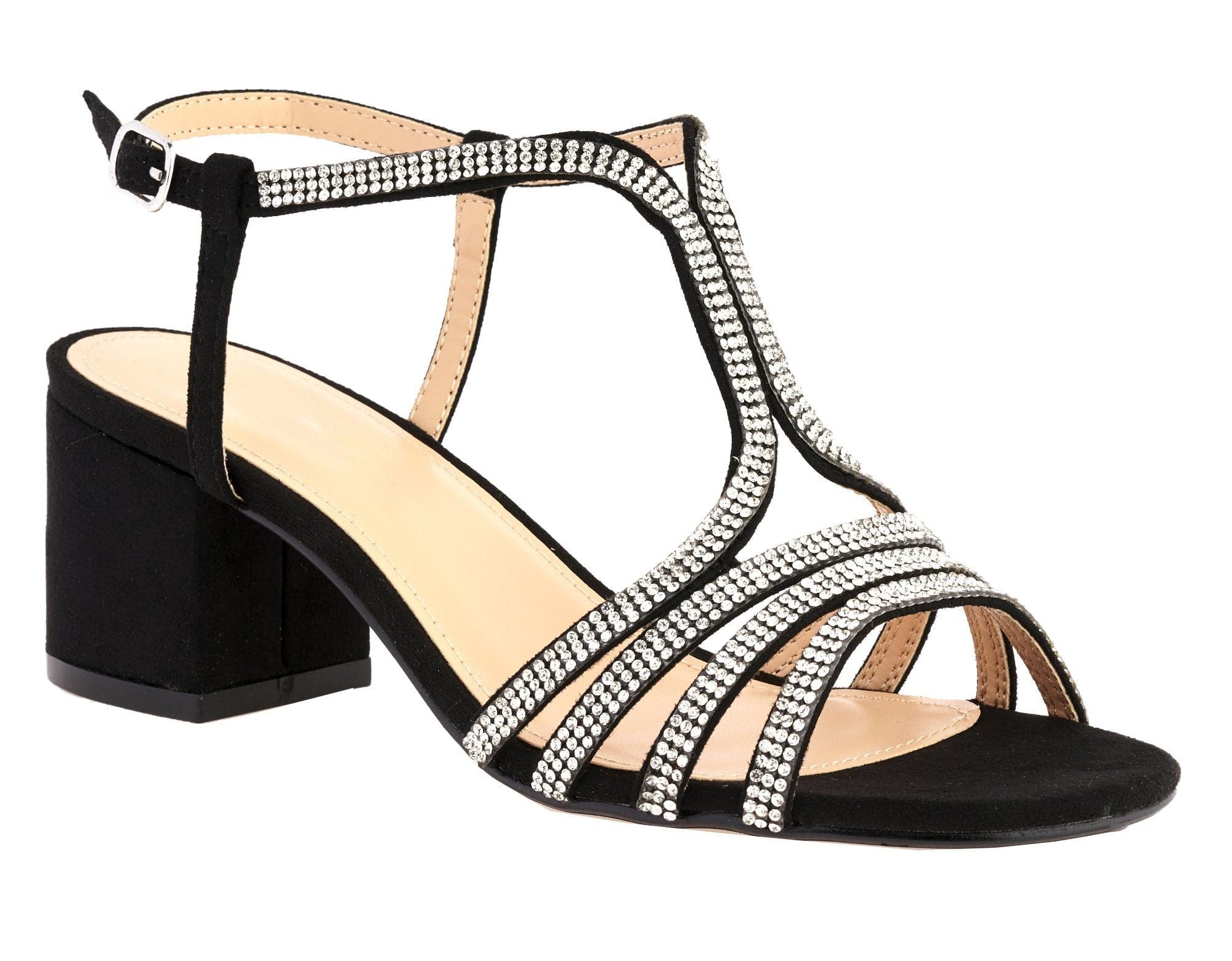 Miss Diva Amanda 3 Diamante Strap T-bar Block Heel Sandal in Black