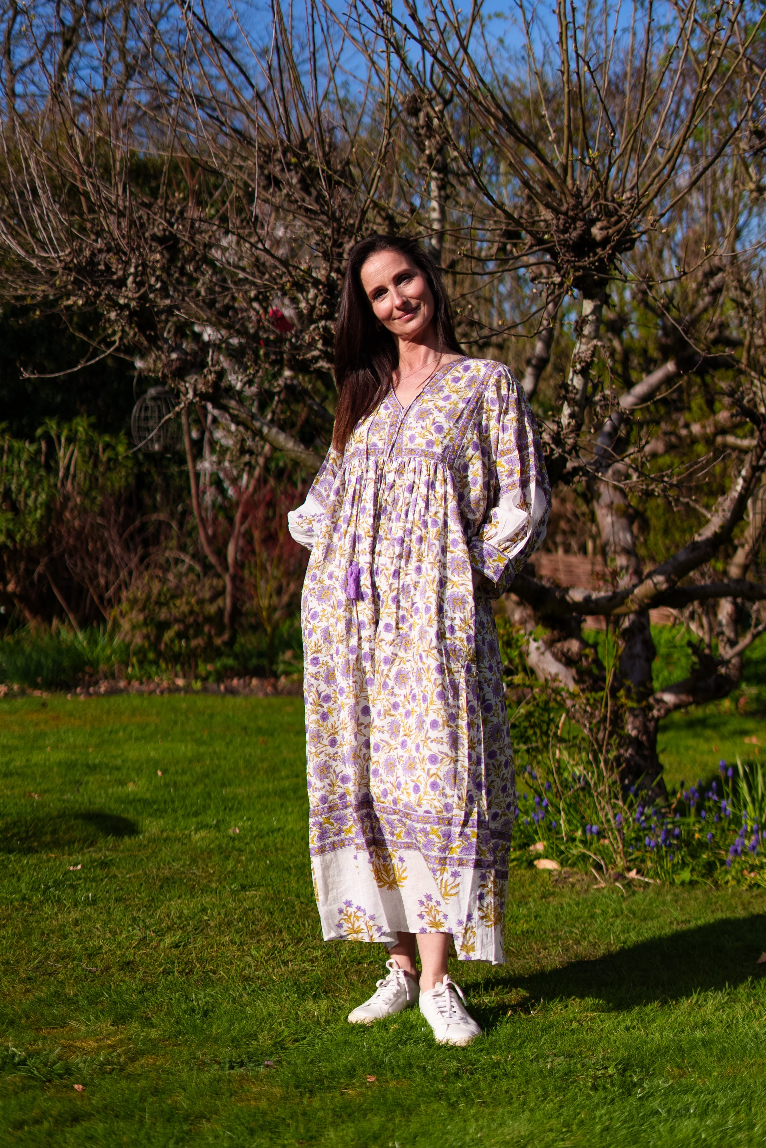 Soul Of Sita Amelia San Floral Lilac Floaty Sleeve Woodblock Print With Flowers, Maxi Dress