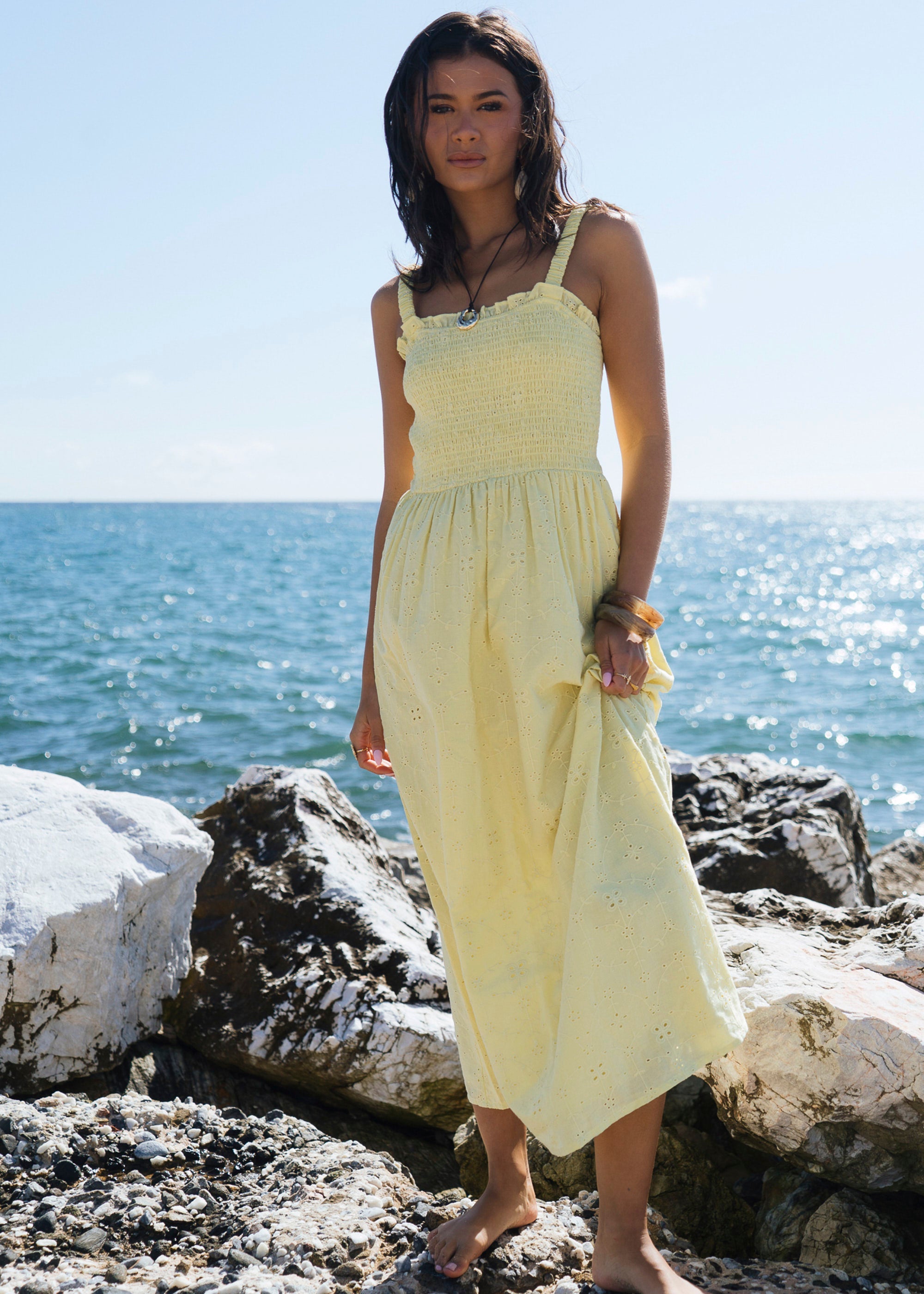 Gini London Yellow Embroidered Shirred Bodice Sun Dress