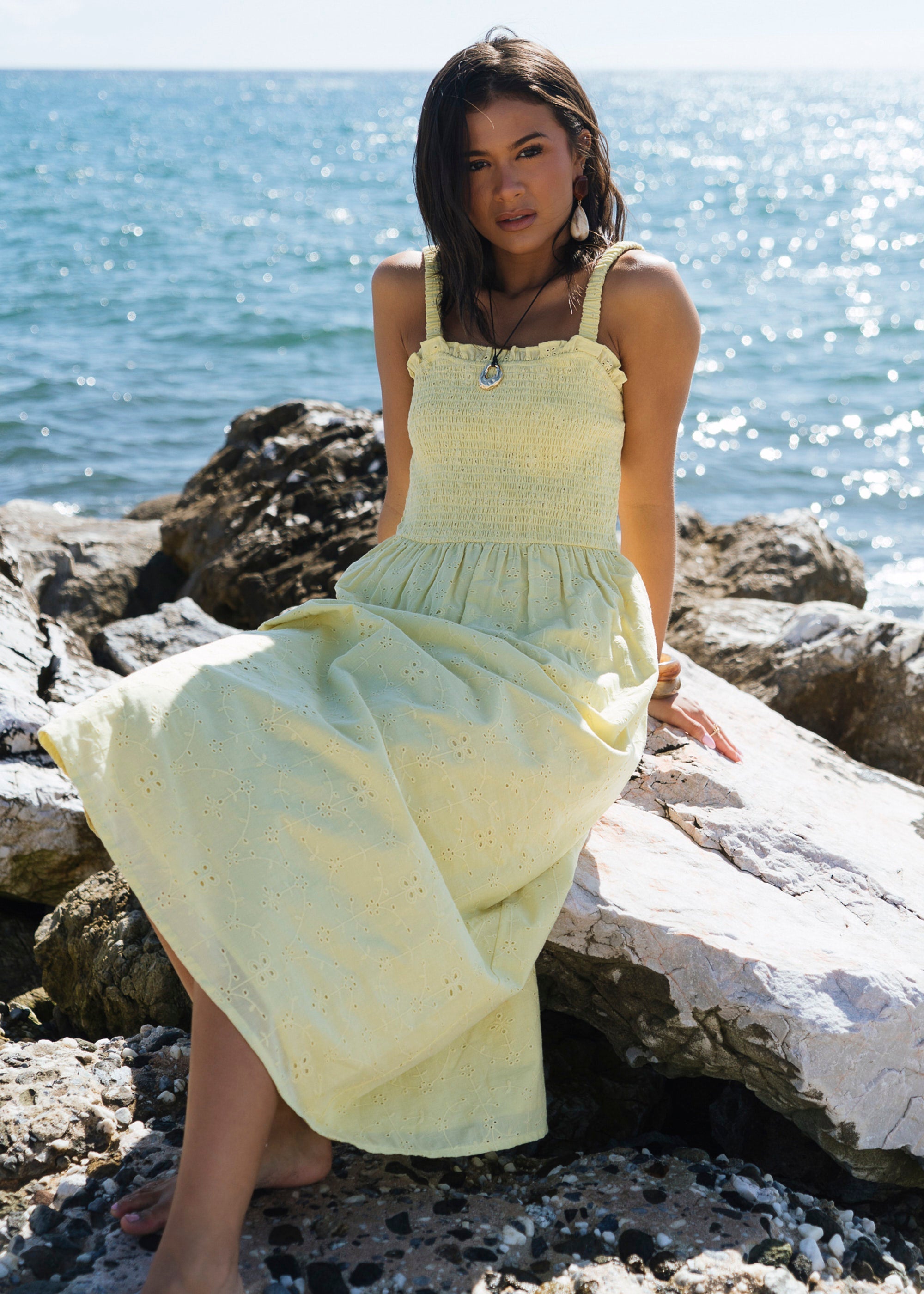 Gini London Yellow Embroidered Shirred Bodice Sun Dress