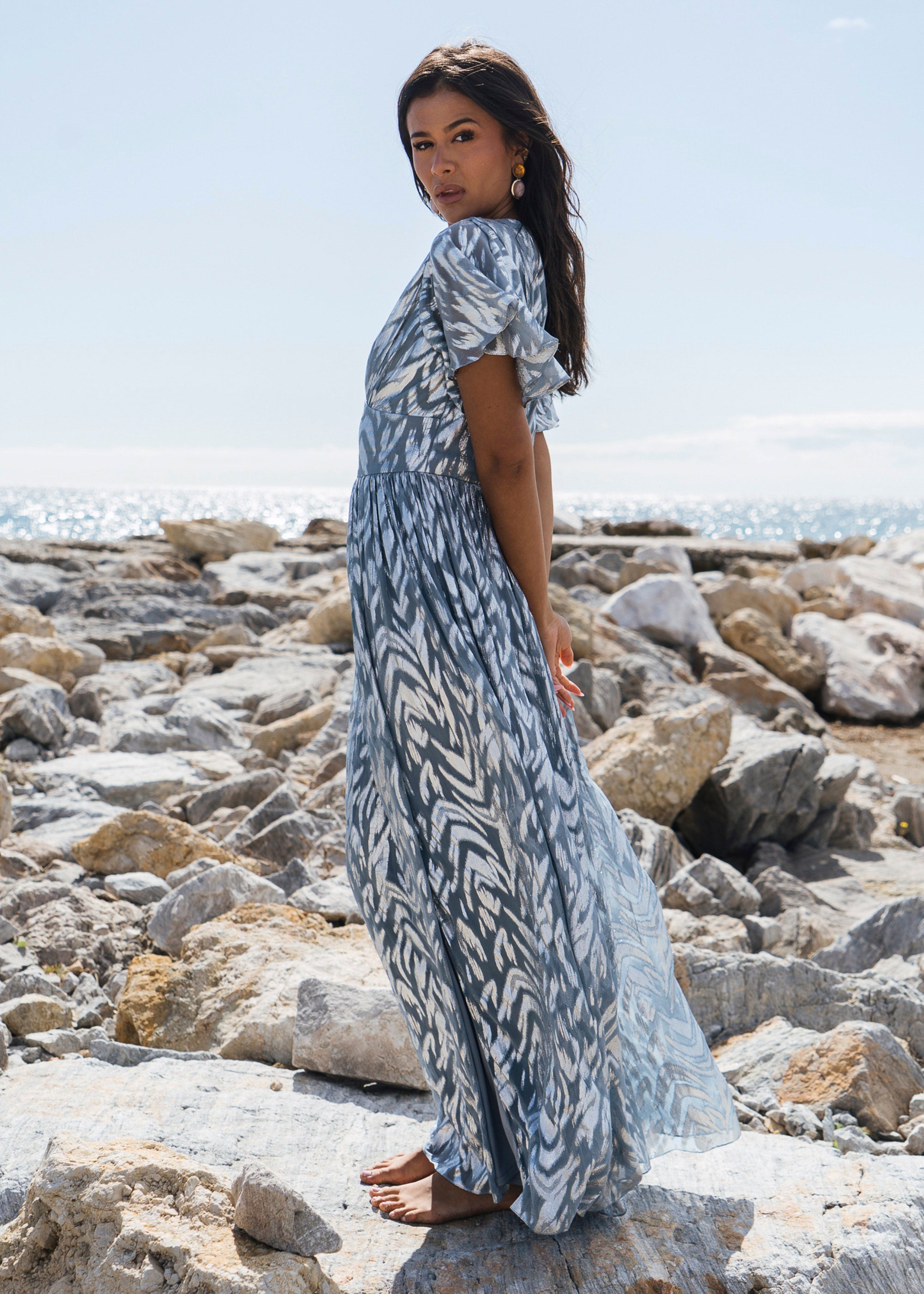 Gini London Blue Foil Metallic Print Short Sleeves Maxi Dress