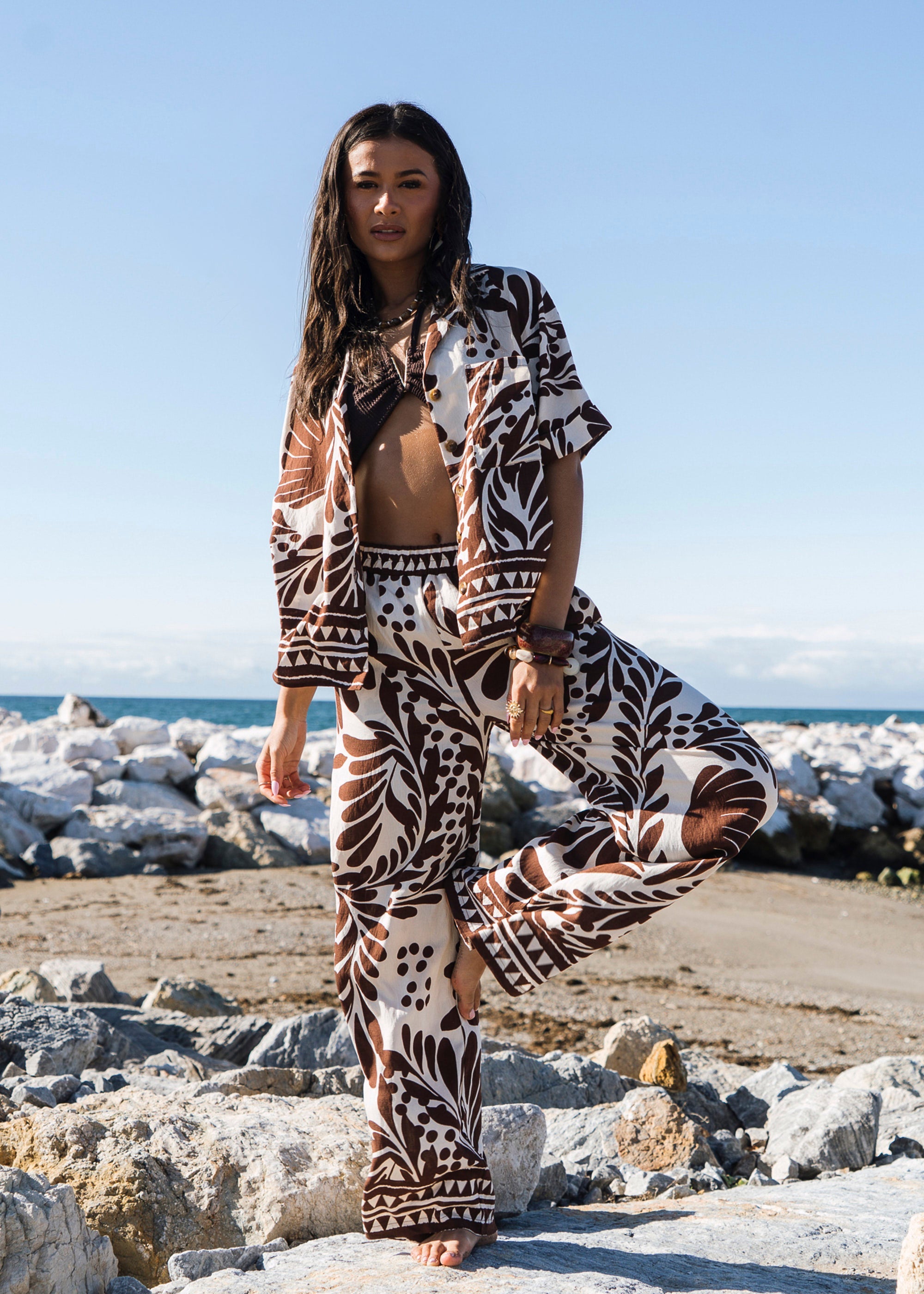 Gini London Chocolate Border Print Elasticated Trousers