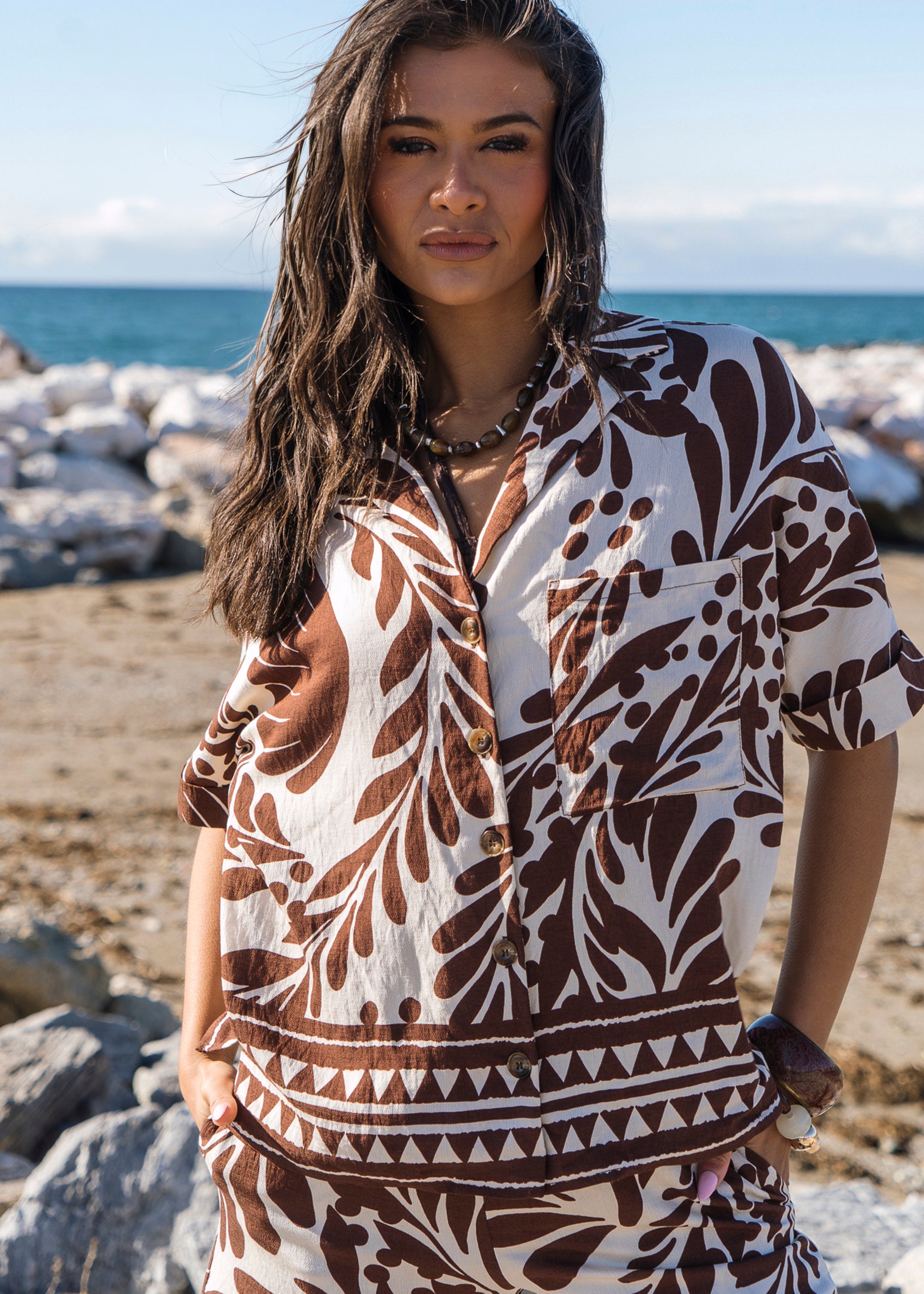 Gini London Chocolate Border Print Resort Shirt