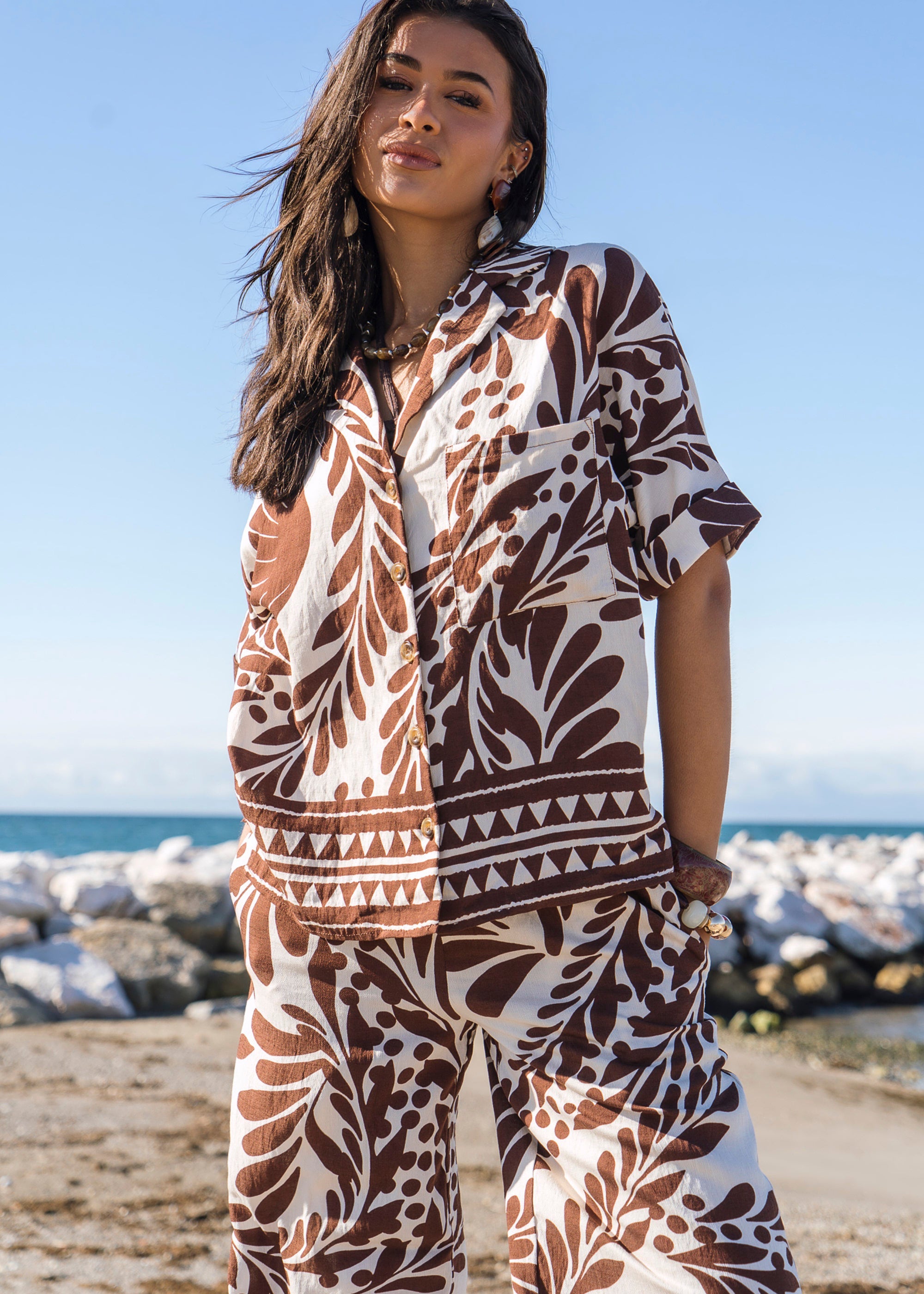 Gini London Chocolate Border Print Resort Shirt