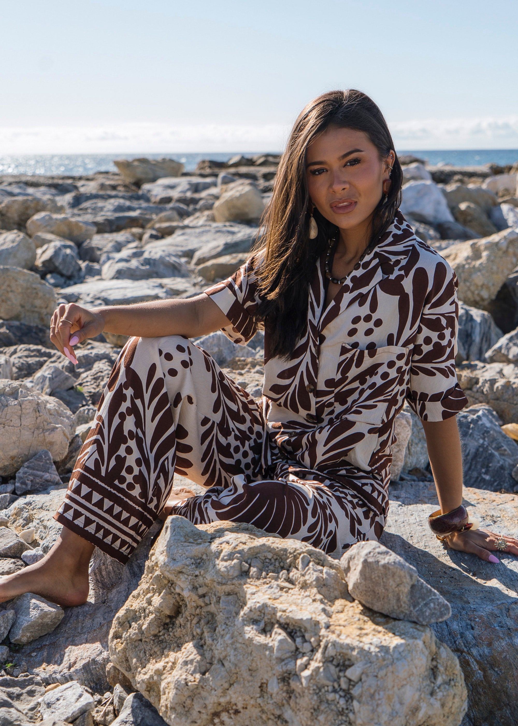 Gini London Chocolate Border Print Resort Shirt