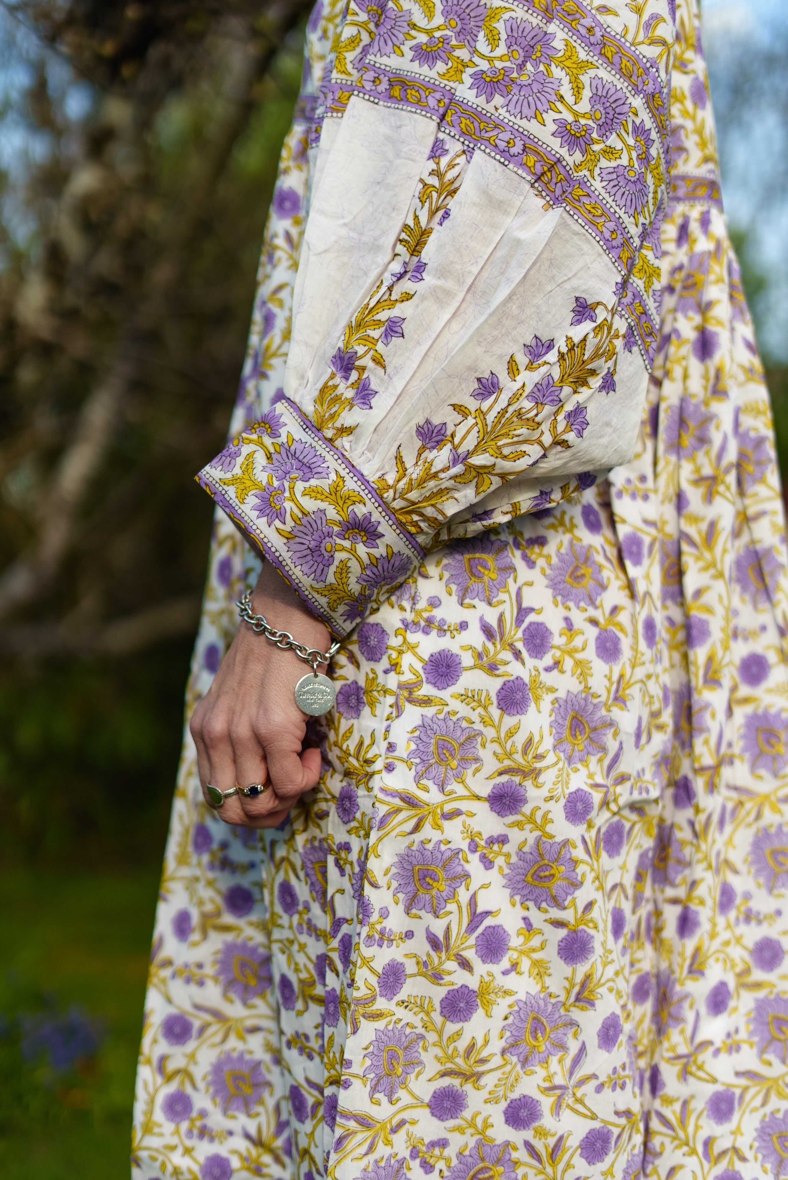 Soul Of Sita Amelia San Floral Lilac Floaty Sleeve Woodblock Print With Flowers, Maxi Dress