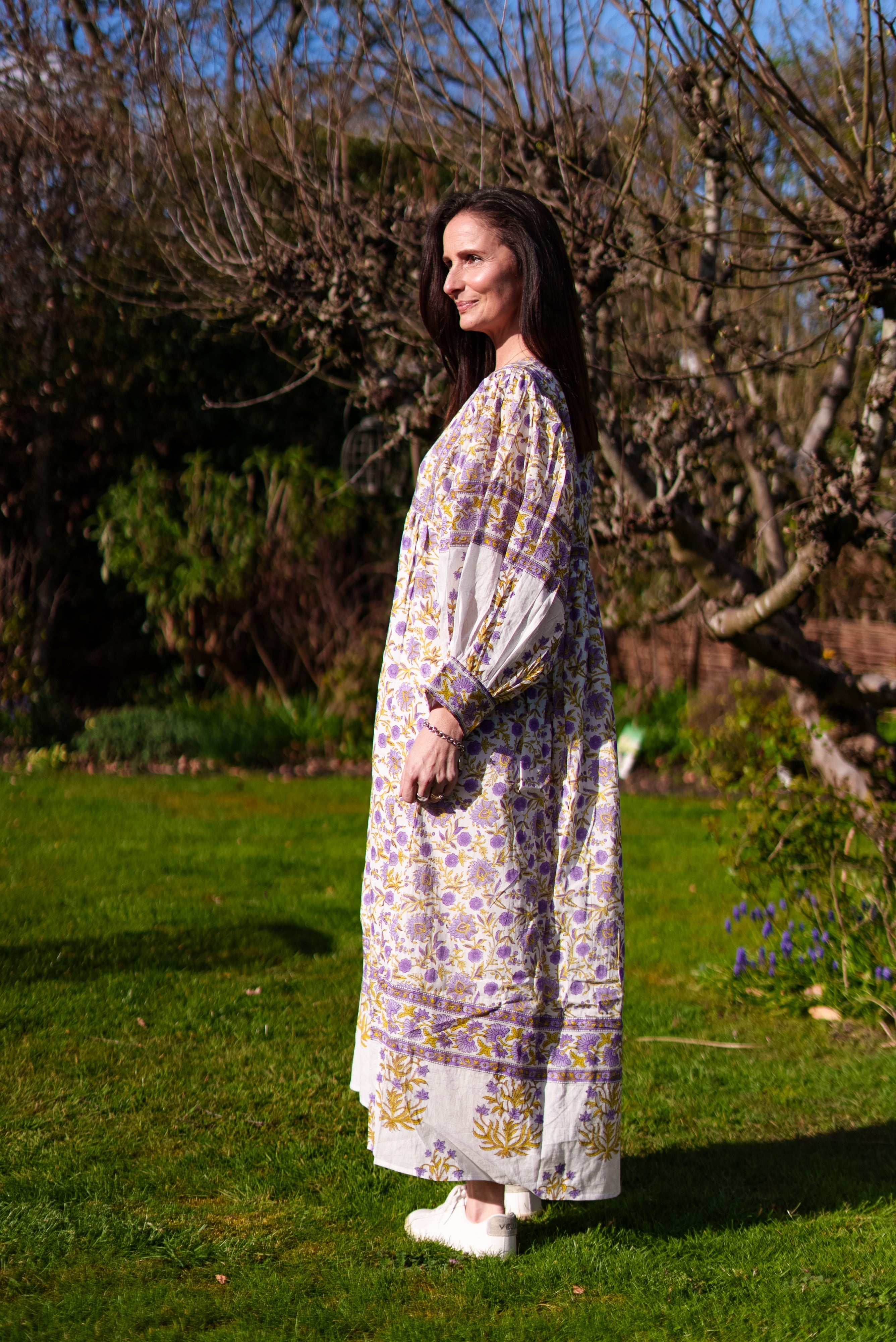 Soul Of Sita Amelia San Floral Lilac Floaty Sleeve Woodblock Print With Flowers, Maxi Dress