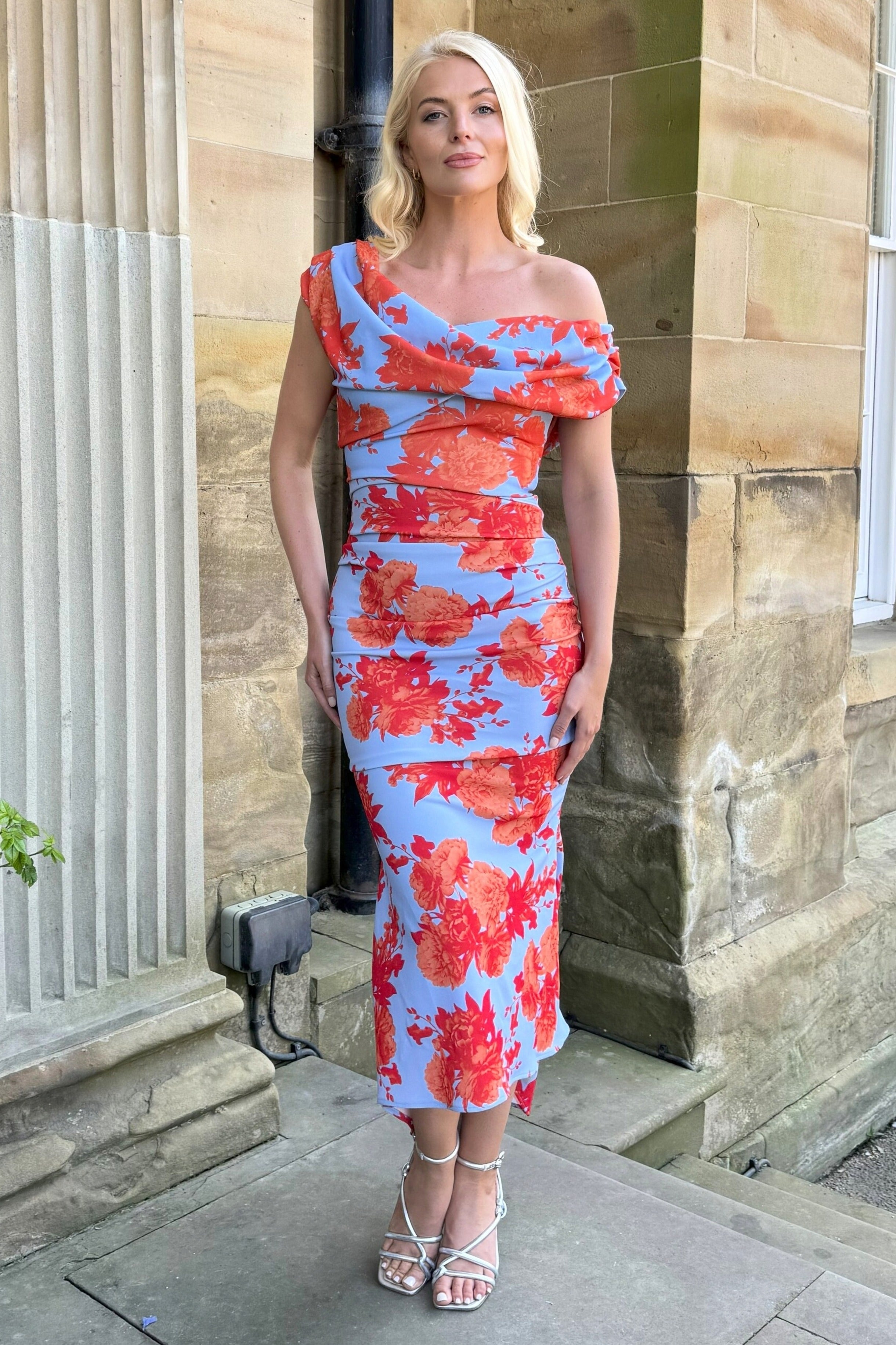Atom Label Powder Blue & Orange Floral D3 Ss26 Mercury Midi Dress