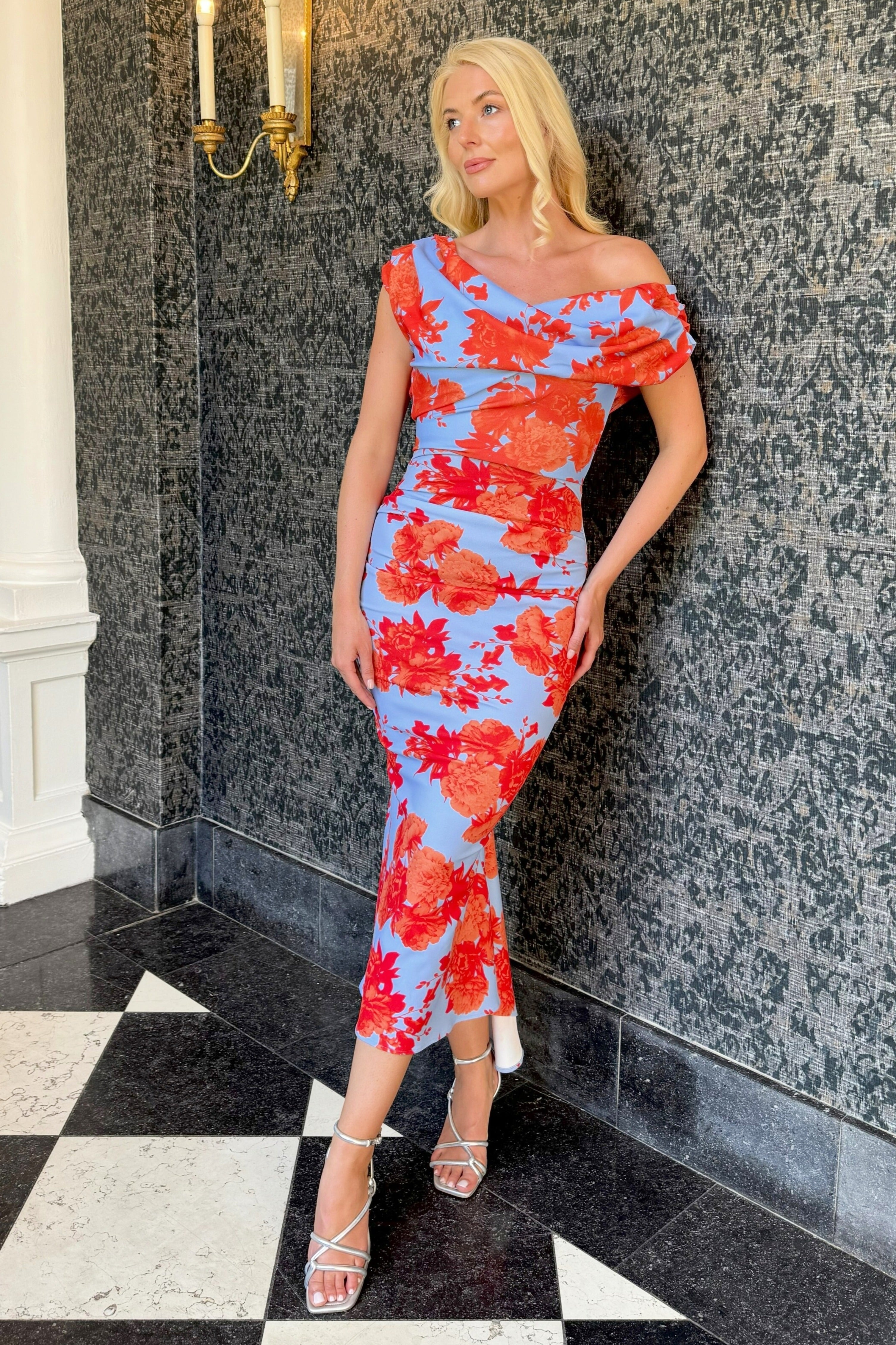 Atom Label Powder Blue & Orange Floral D3 Ss26 Mercury Midi Dress