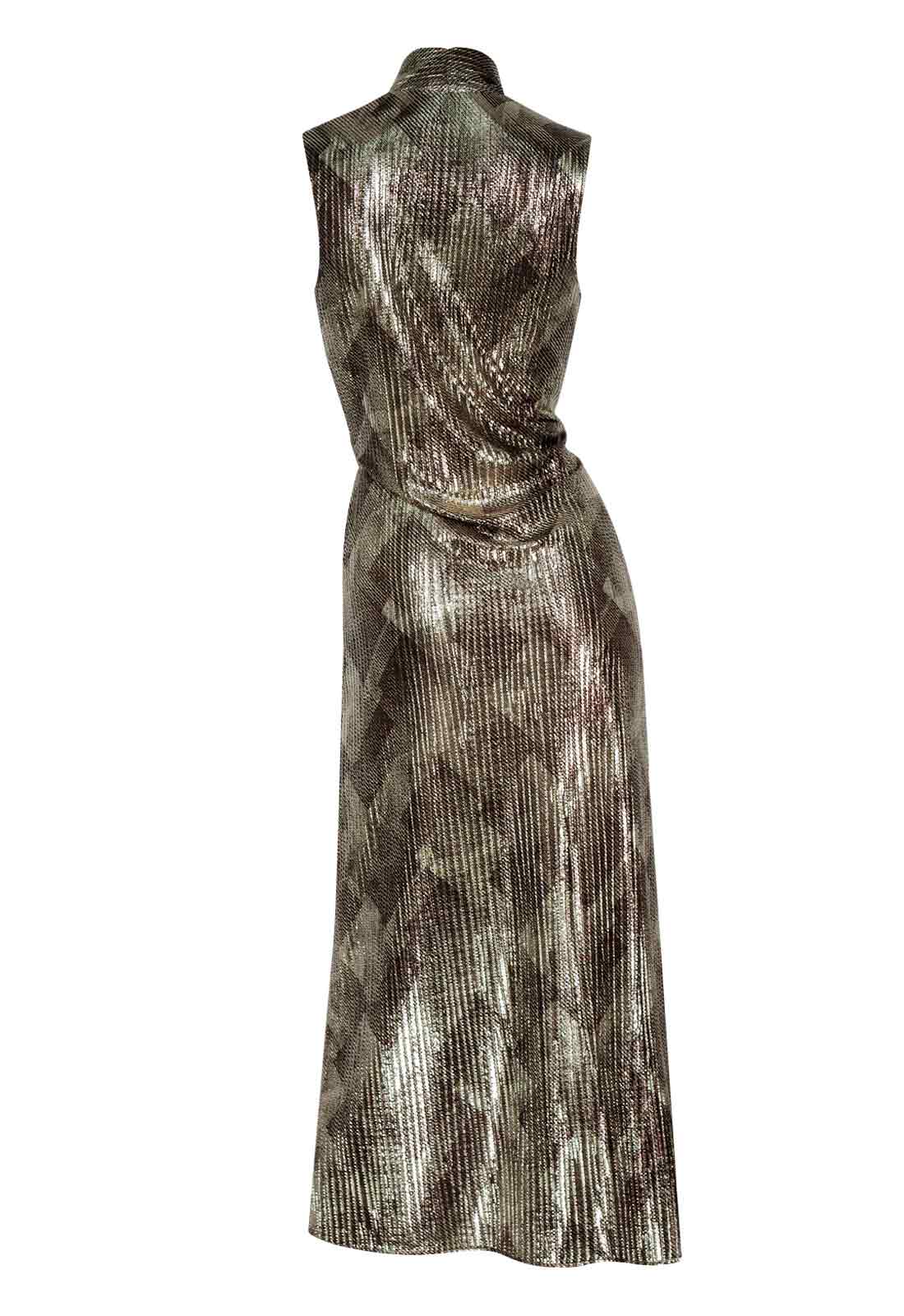 Metallic dress with a draped design on a white background