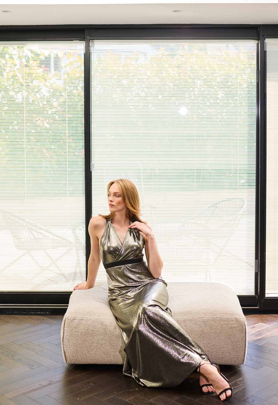 gold metallic neck and neck gown