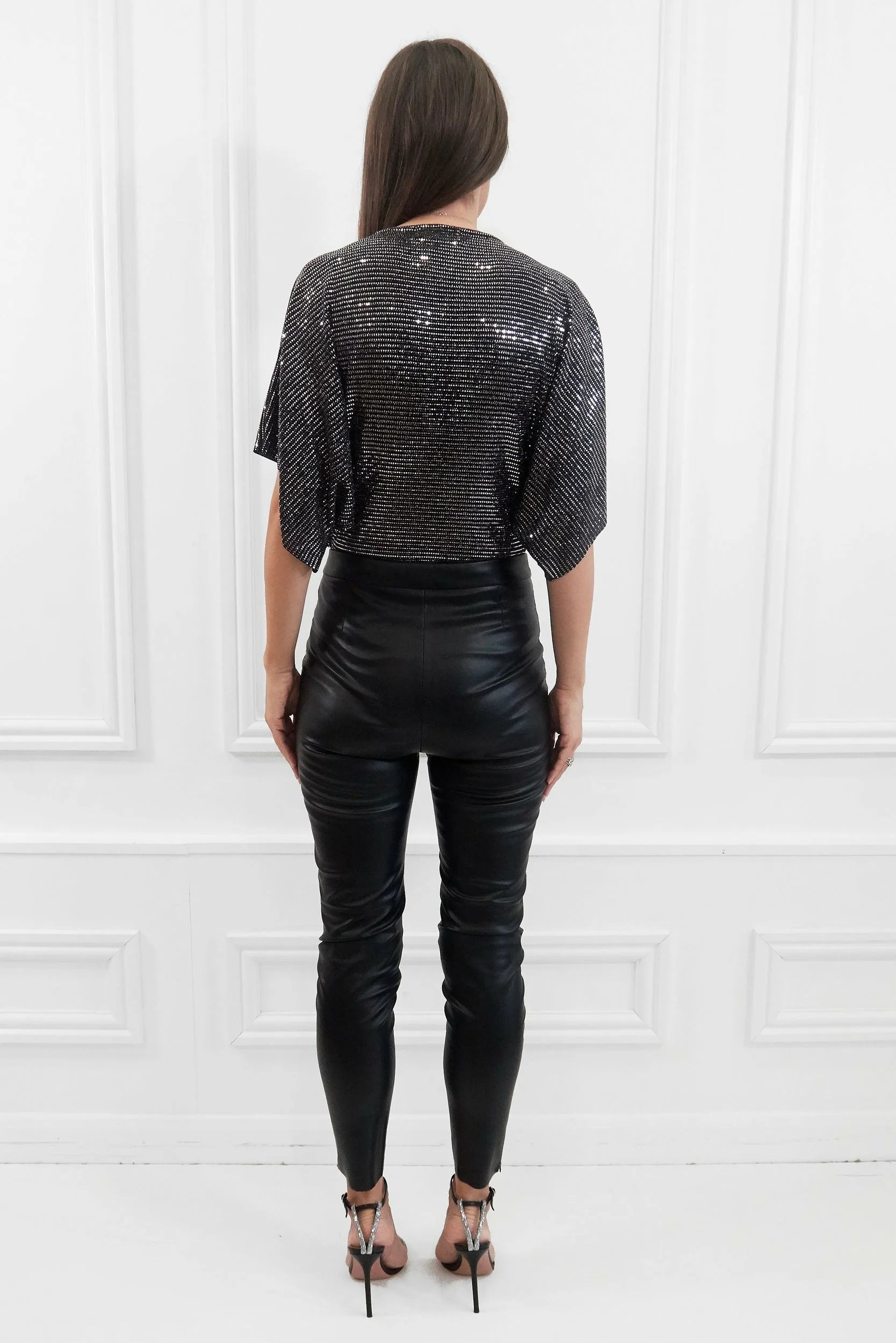 Honor Gold Paris Silver/Black Sequin Wrap Bodysuit Top