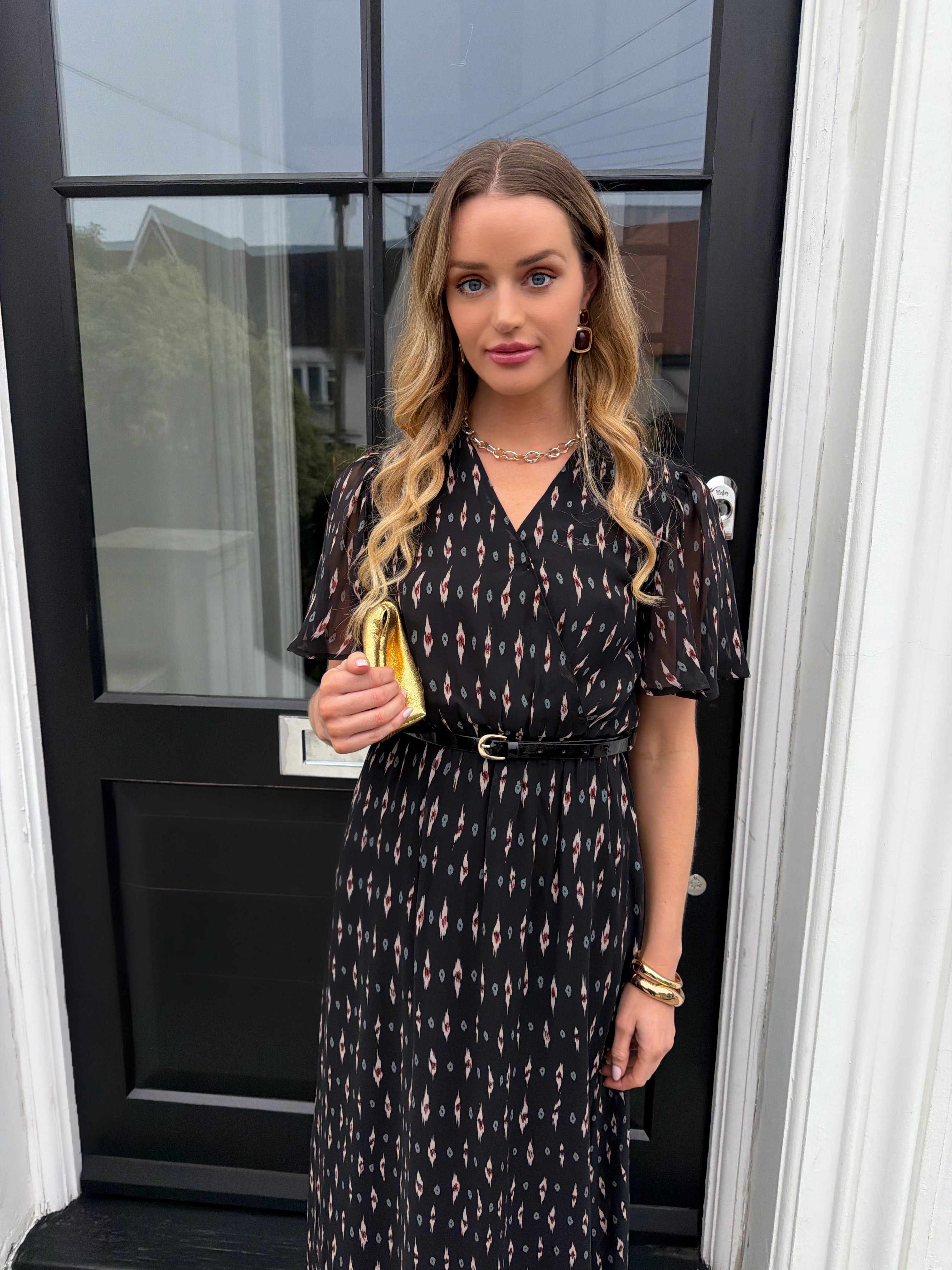 Gini London Black Silk Geo Print Midi Dress