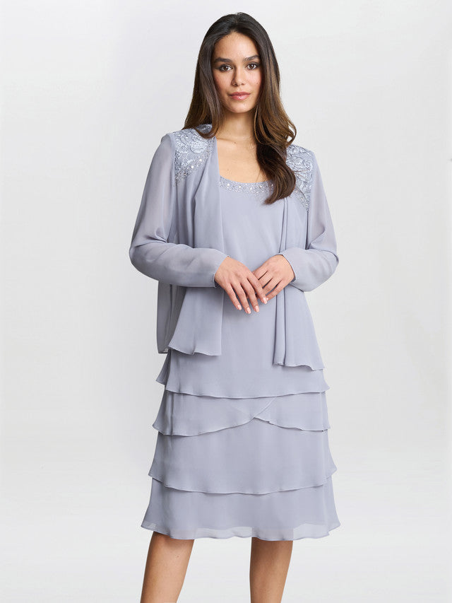 Gina Bacconi Camira Lace Shoulder Bead Tier Jacket Dress