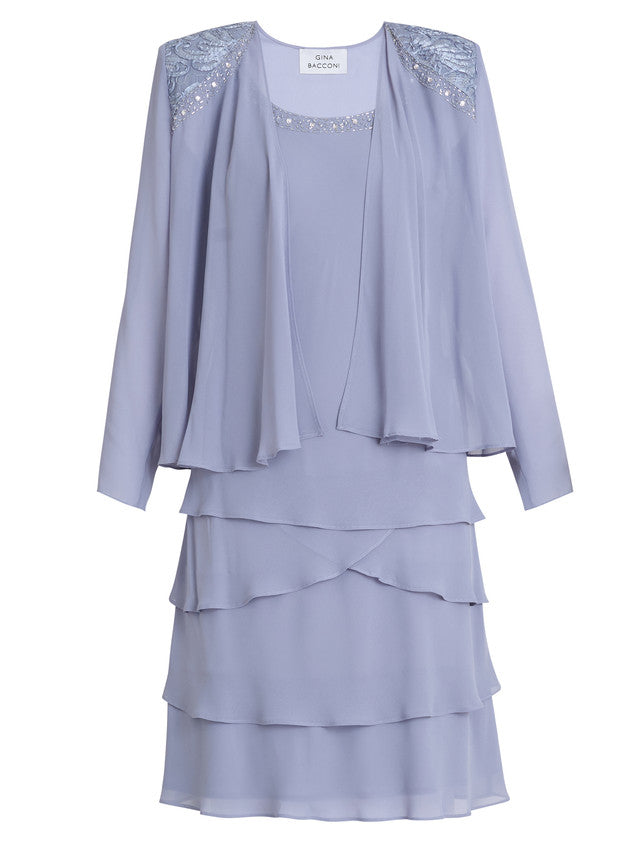 Gina Bacconi Camira Lace Shoulder Bead Tier Jacket Dress