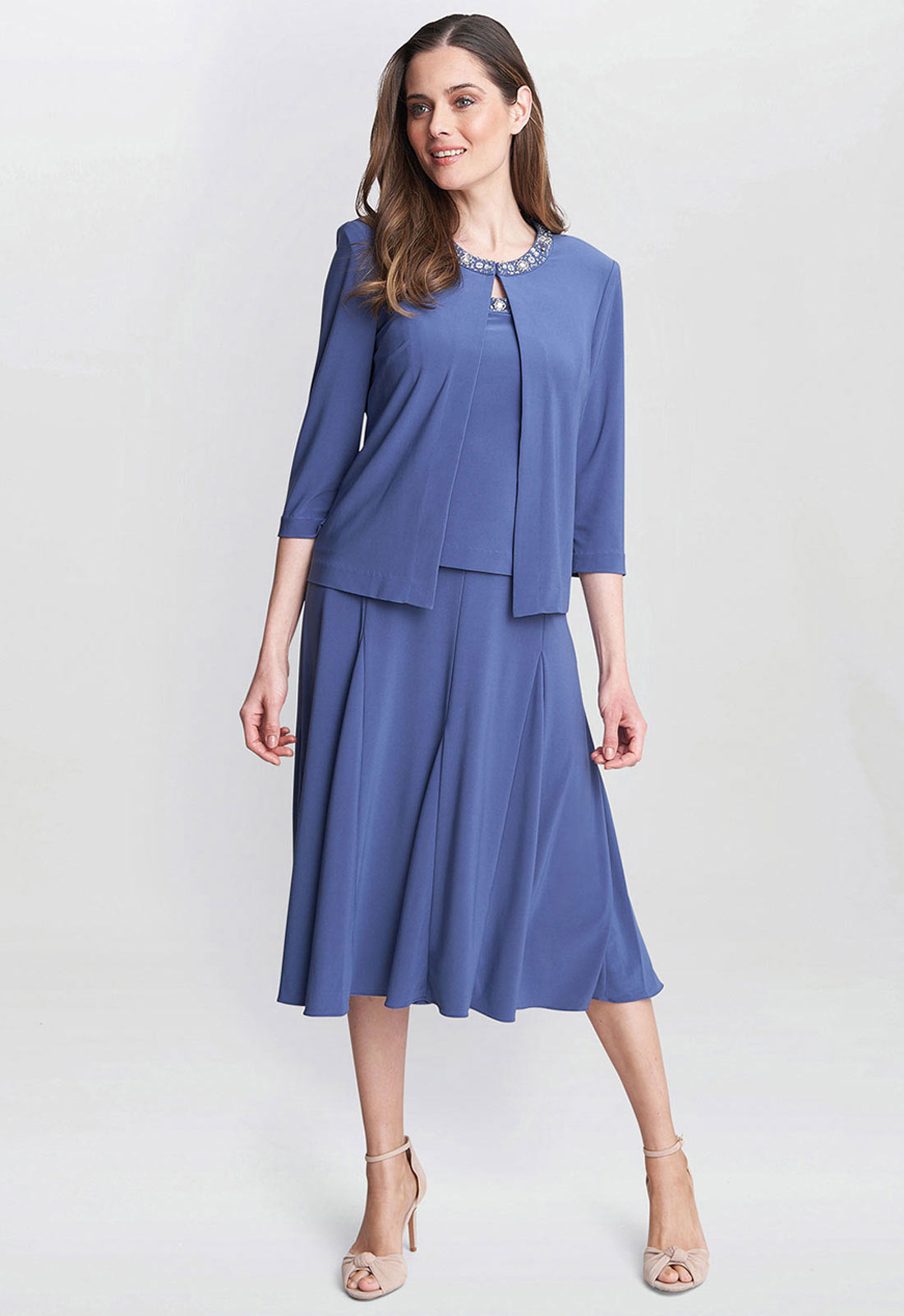 Gina Bacconi Blue Delores Jersey Midi A-Line Jacket Dress