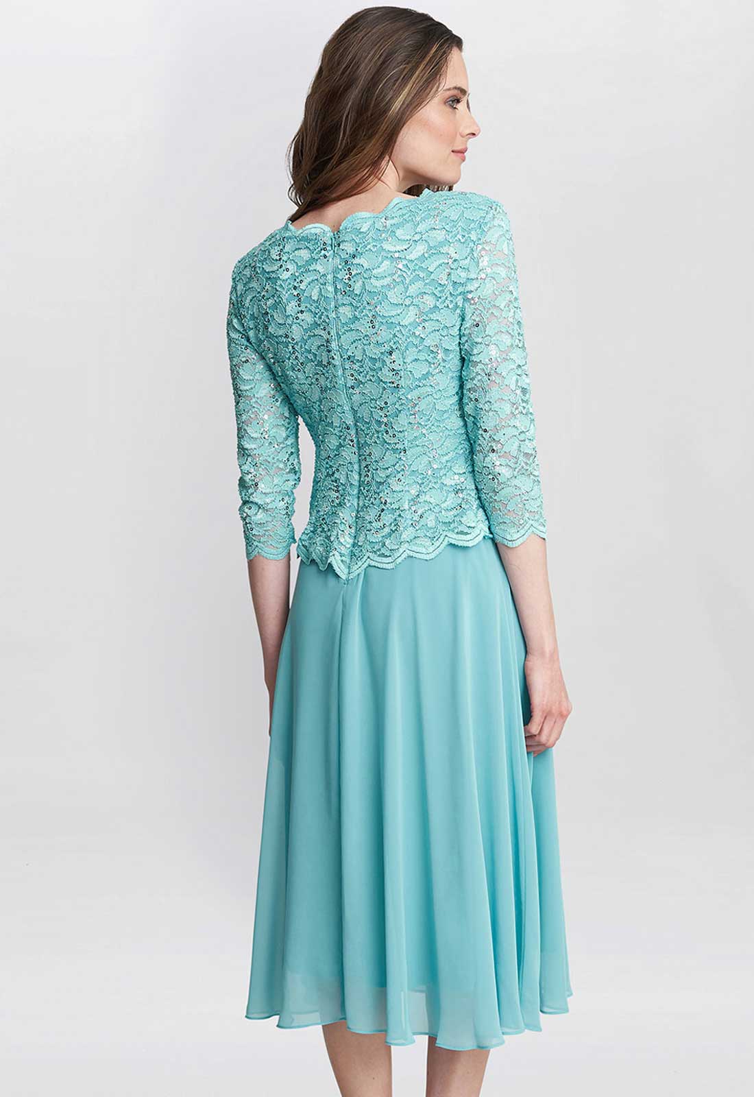 Gina Bacconi Sea Blue Rona Midi Dress With Lace Bodice & Chiffon Skirt