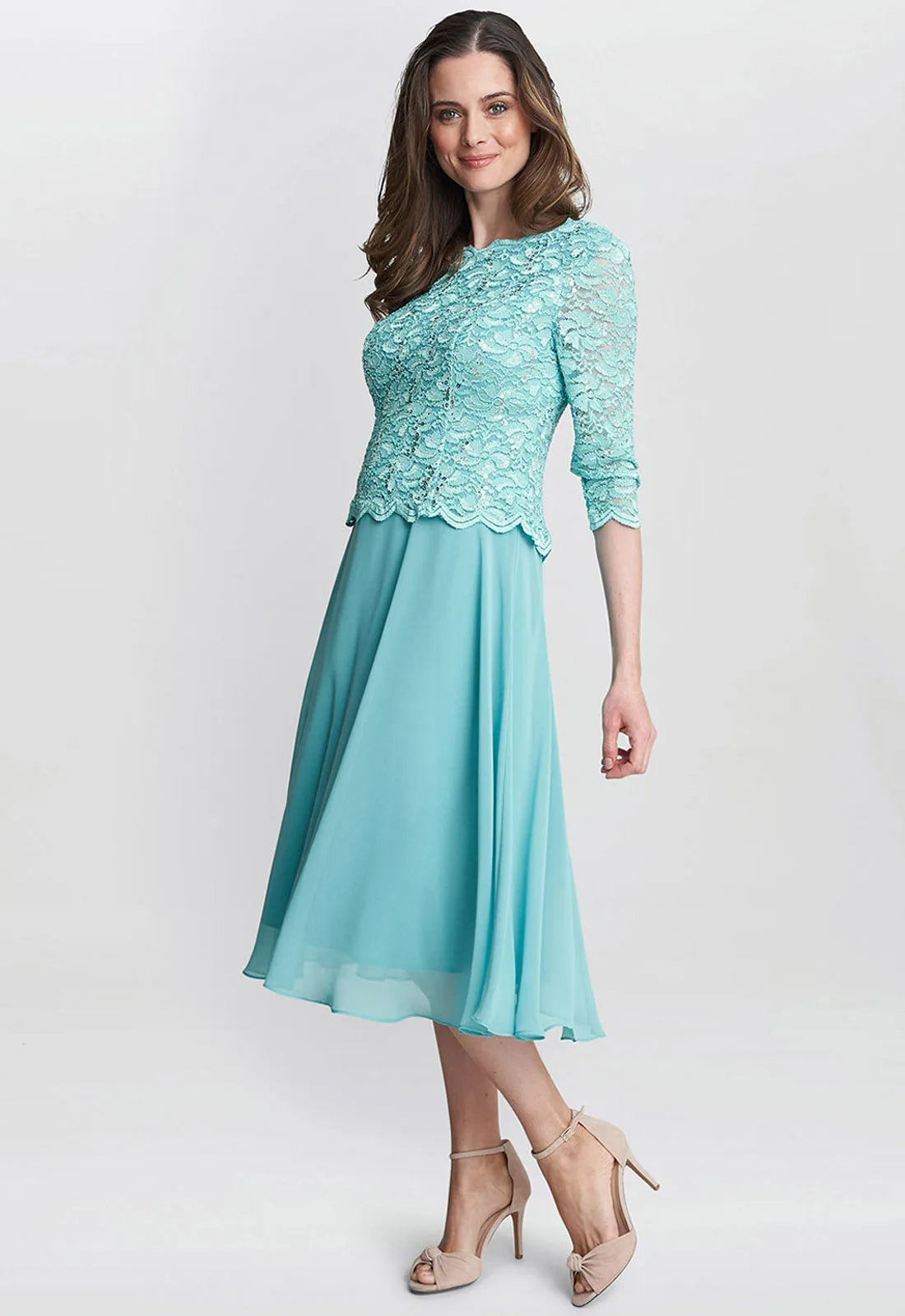 Gina Bacconi Sea Blue Rona Midi Dress With Lace Bodice Chiffon Skirt 10 Turquoise
