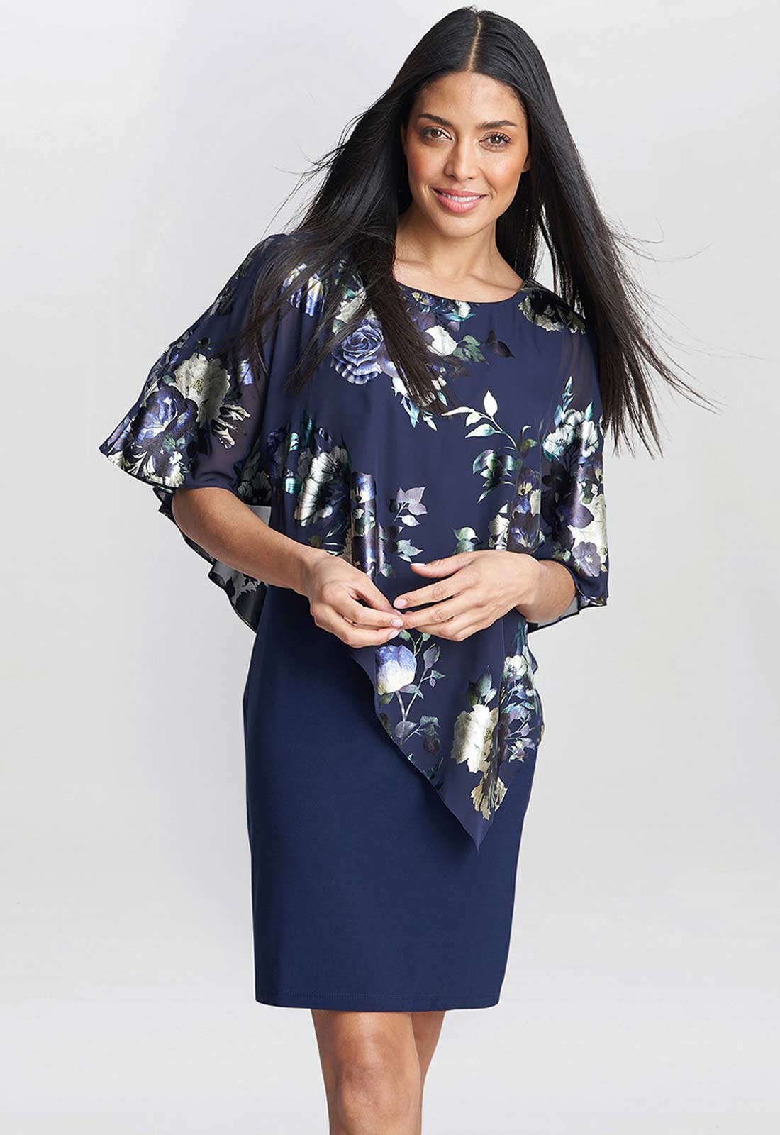 Gina Bacconi Blue Gaby Floral Printed Asymmetric Dress