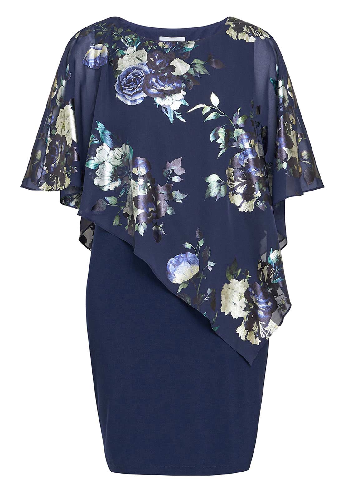 Gina Bacconi Blue Gaby Floral Printed Asymmetric Dress