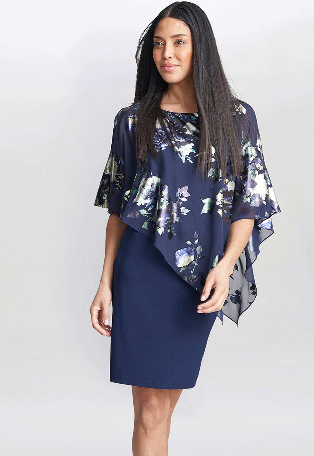 Gina Bacconi Blue Gaby Floral Printed Asymmetric Dress