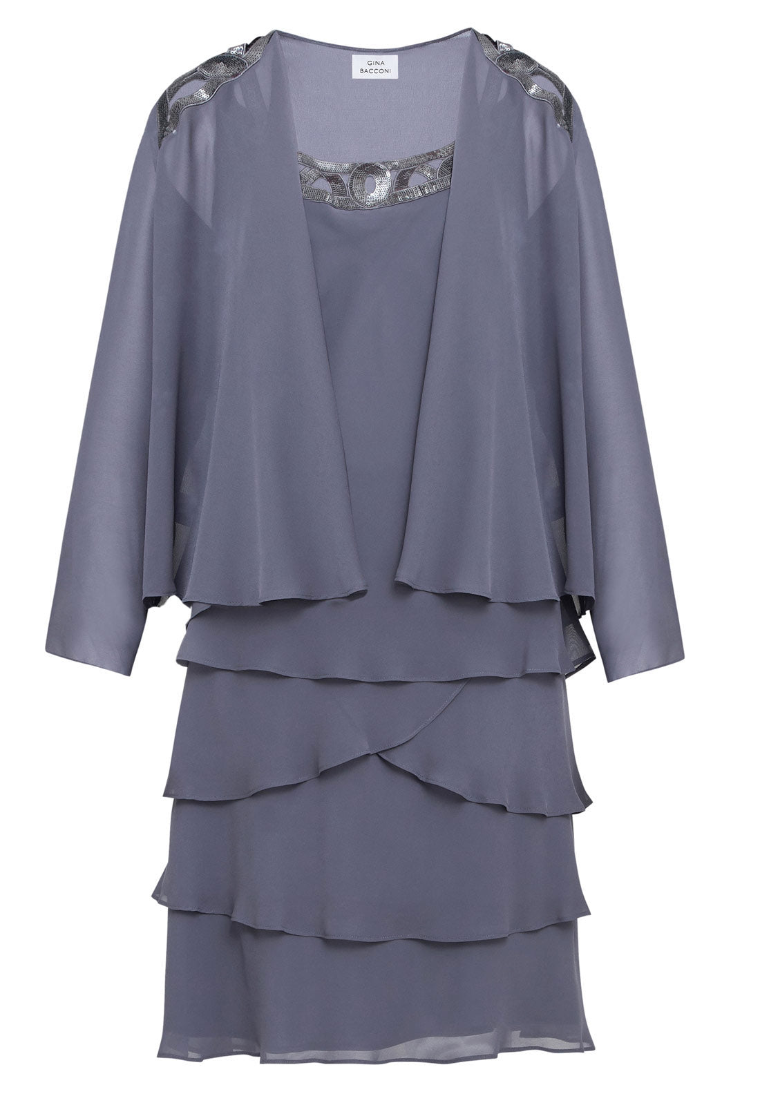 Gina Bacconi Steel Leigh Embellished Tiered Sequin Jacket Dress