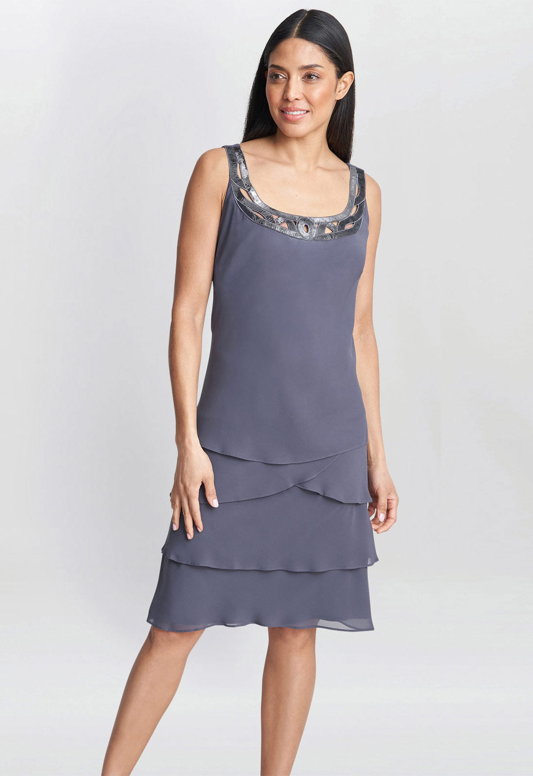 Gina Bacconi Steel Leigh Embellished Tiered Sequin Jacket Dress