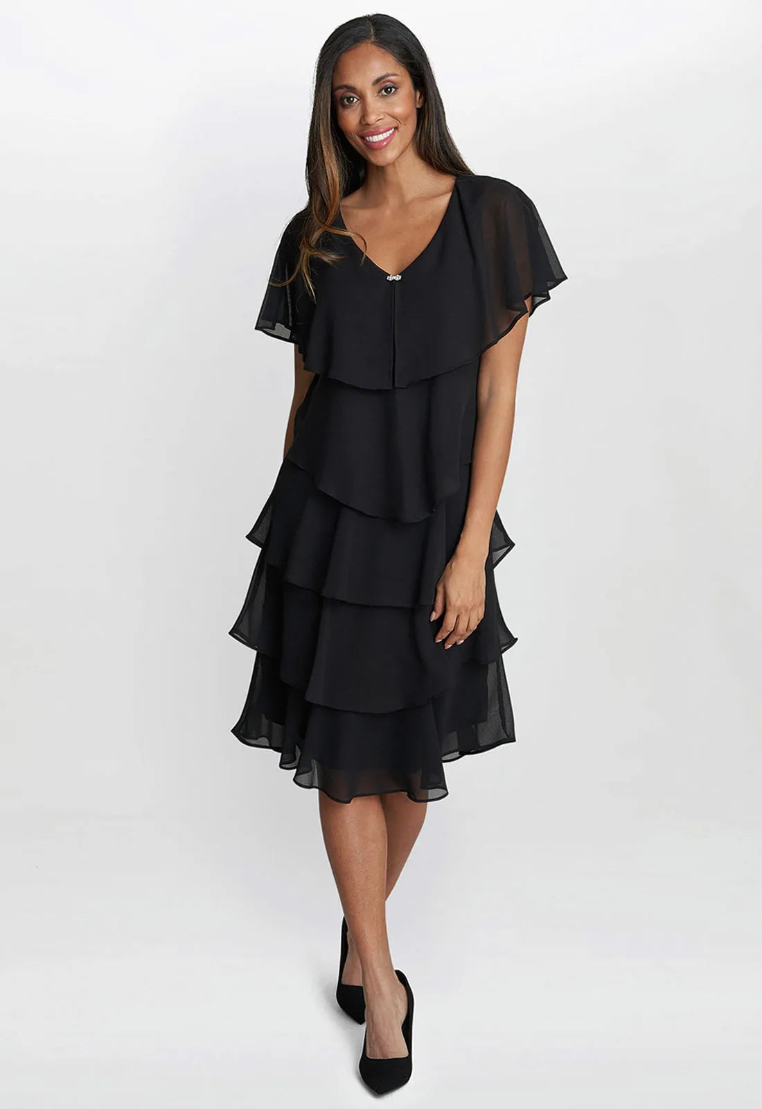 Gina Bacconi Black Bella Georgette Tiered Dress