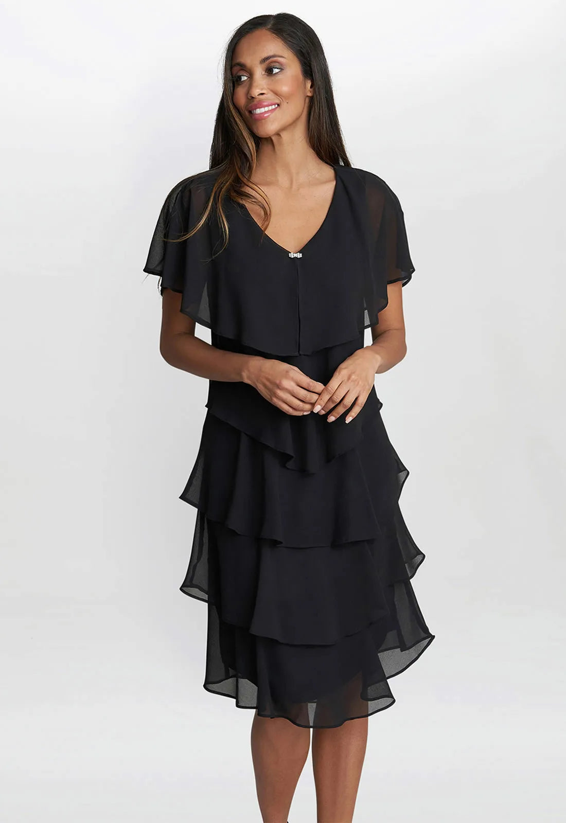 Gina Bacconi Black Bella Georgette Tiered Dress