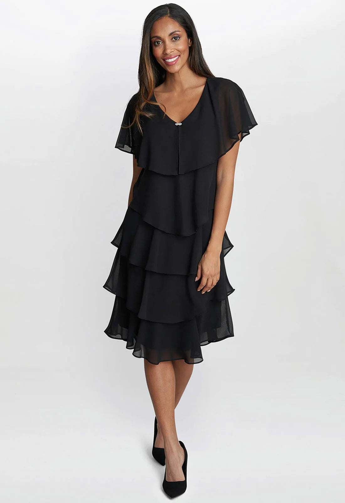 Gina Bacconi Black Bella Georgette Tiered Dress