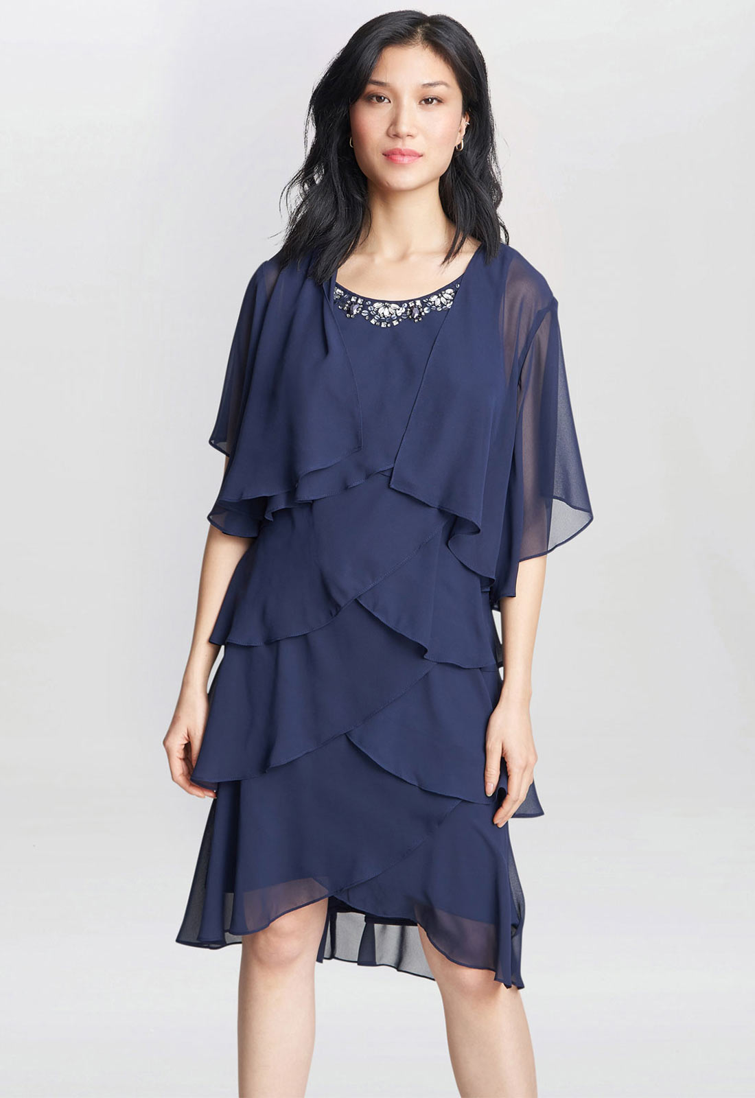 Gina Bacconi Navy Toni Chiffon Tier Jacket Dress