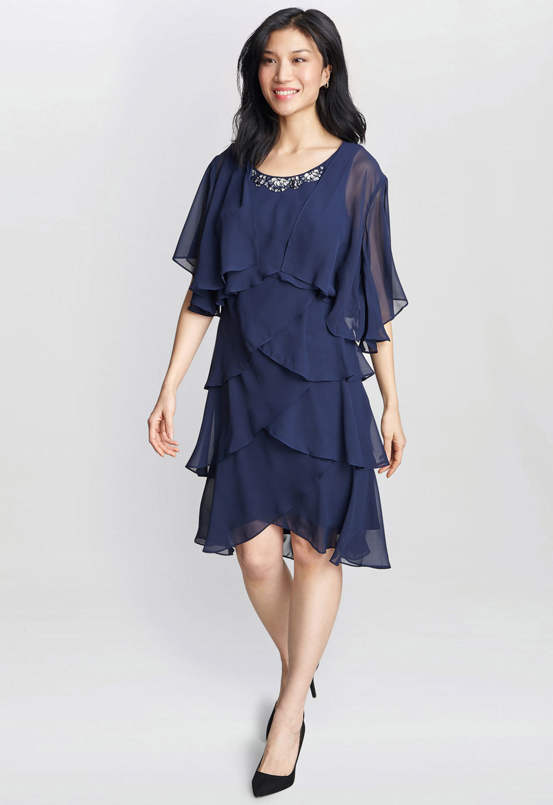 Gina Bacconi Navy Toni Chiffon Tier Jacket Dress