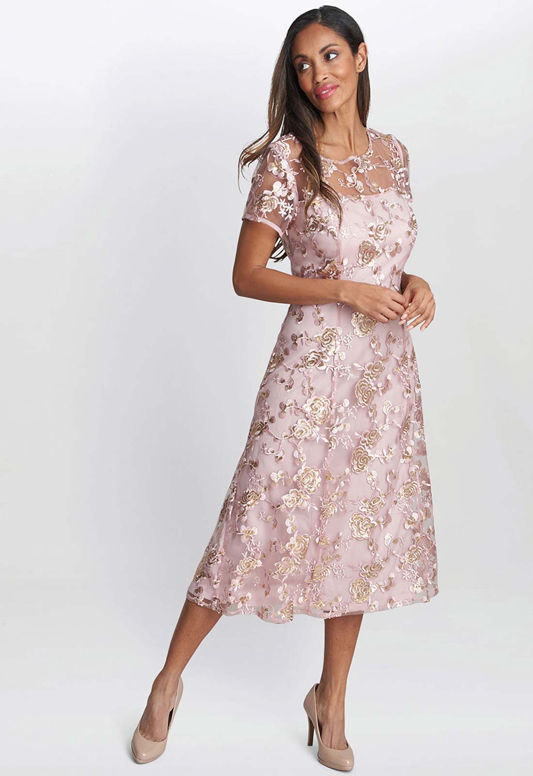 Gina Bacconi Pink Davina Embroidered A Line Dress