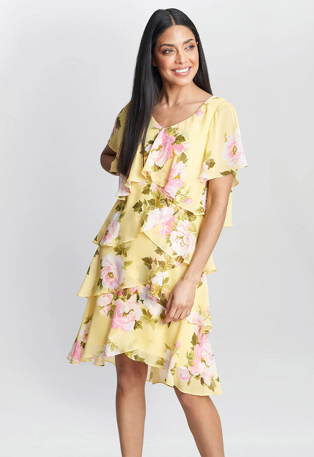 Gina Bacconi Yellow Edith Print Layered Dress