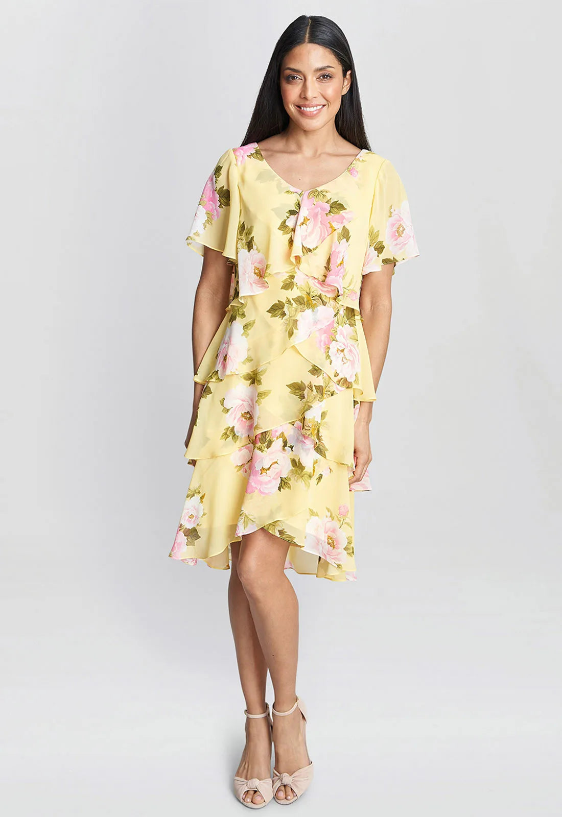 Gina Bacconi Yellow Edith Print Layered Dress