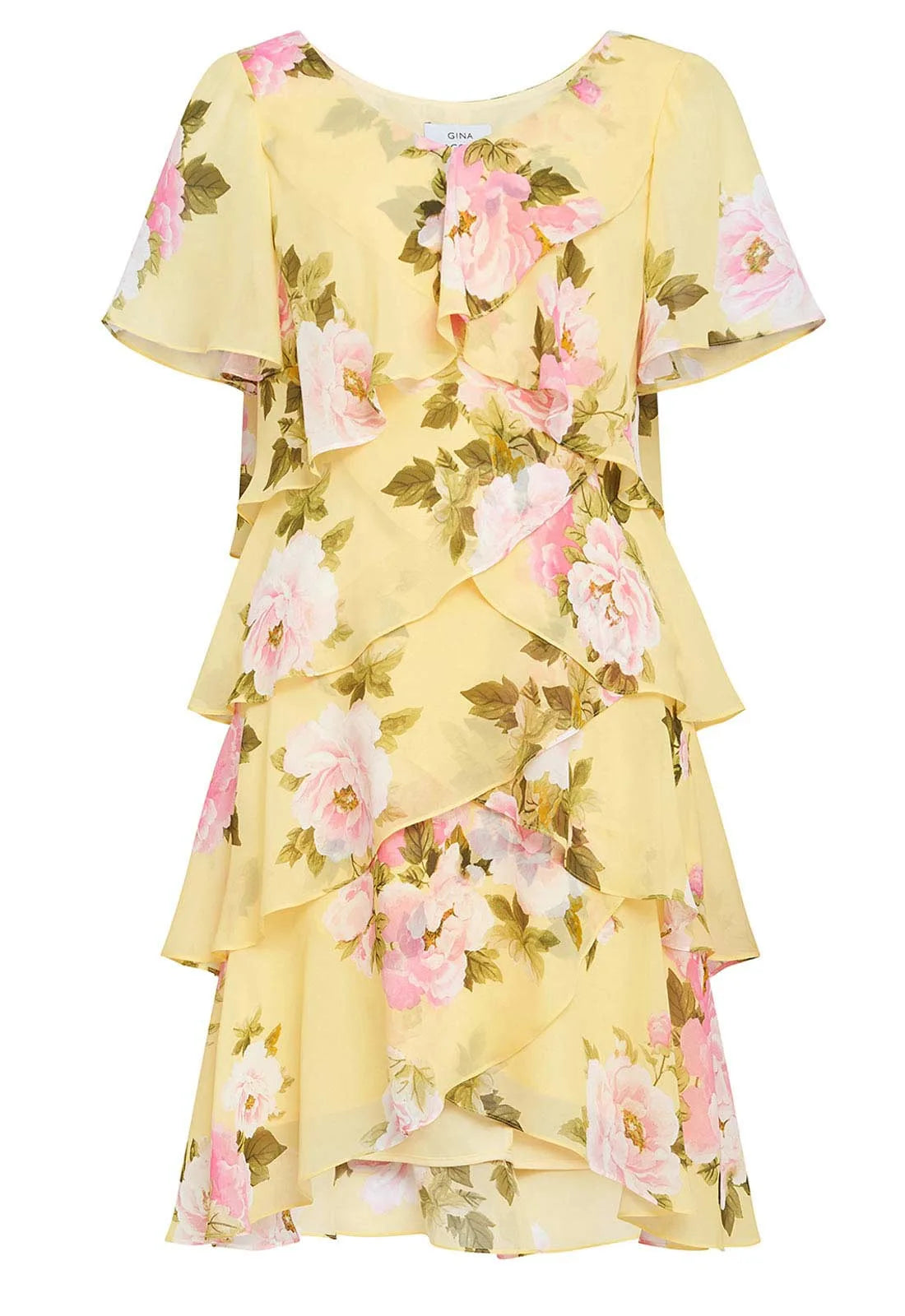 Gina Bacconi Yellow Edith Print Layered Dress