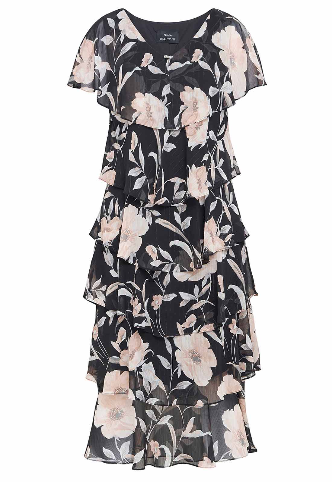 Gina Bacconi Frances Printed Midi Tiered Dress With Trim