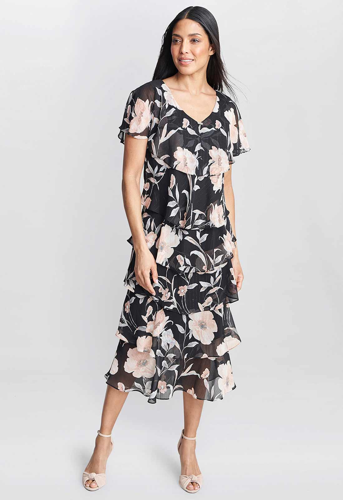 Gina Bacconi Frances Printed Midi Tiered Dress With Trim