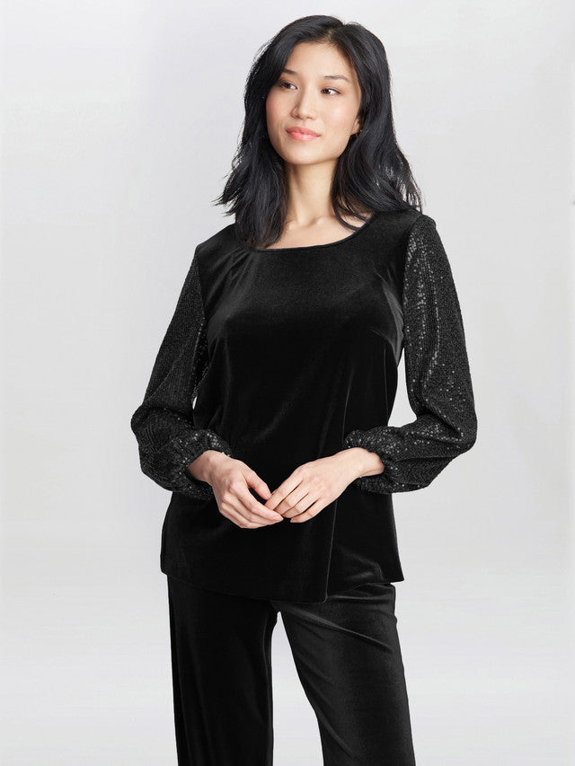 Gina Bacconi Black Ines Velvet Blouse With Sequin Bubble Sleeves