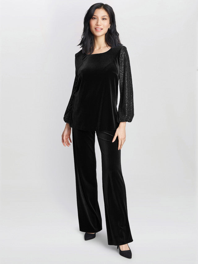 Gina Bacconi Black Ines Velvet Blouse With Sequin Bubble Sleeves