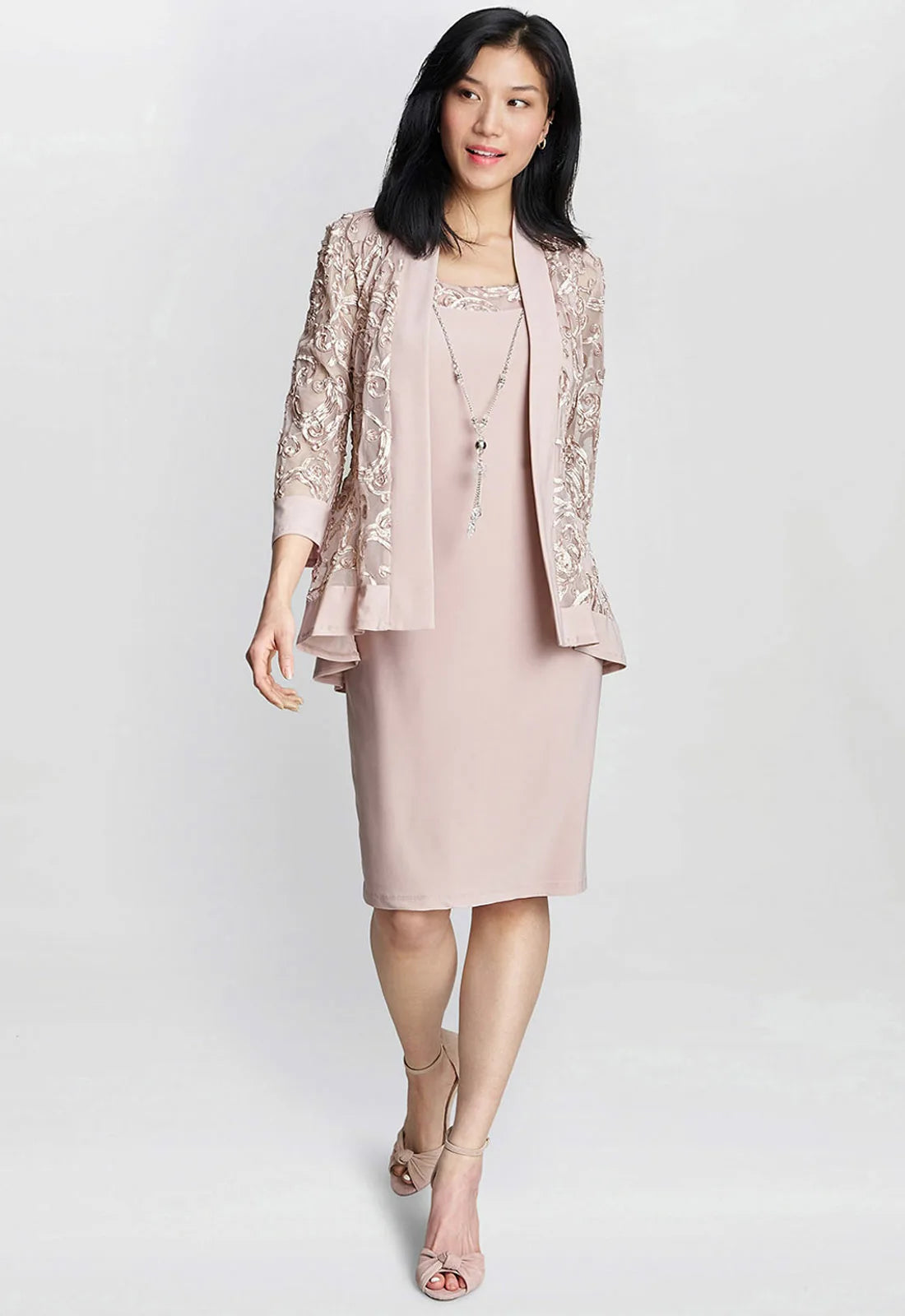 Gina Bacconi Blush Beverley Dress and Jacket with necklace