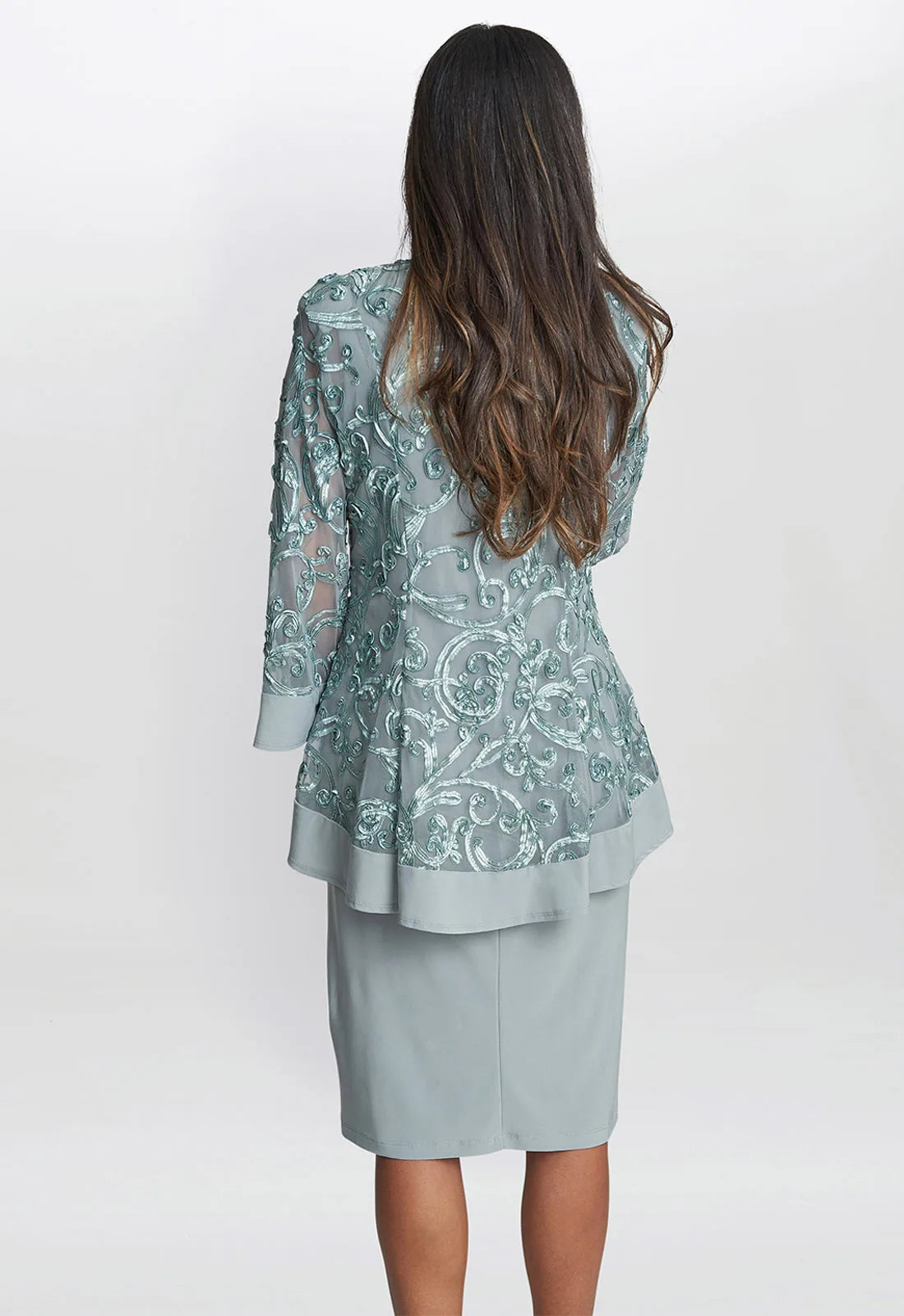 sage beverley dress, jacket and necklace